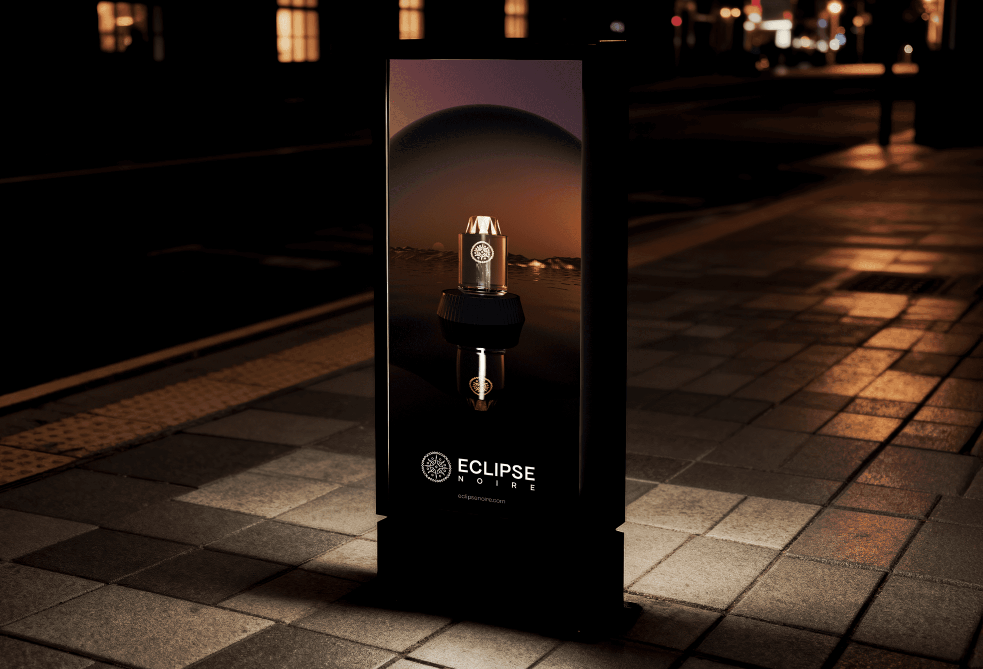 Affiche urbaine du projet Eclipse Noire, direction artistique et mise en scène d’un produit de parfum.