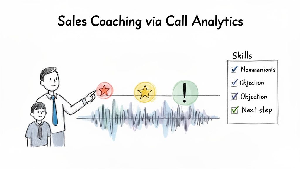 A sales coach points to call analytics data with a trainee, highlighting skills like handling objections and next steps.