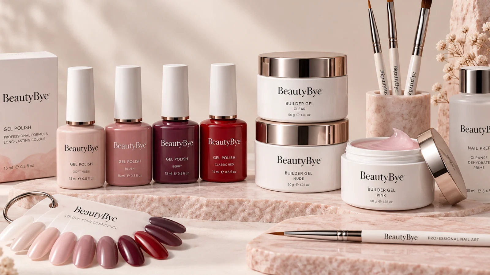 BeautyBye professional nail pots, bottles, brushes and swatches in a premium studio set