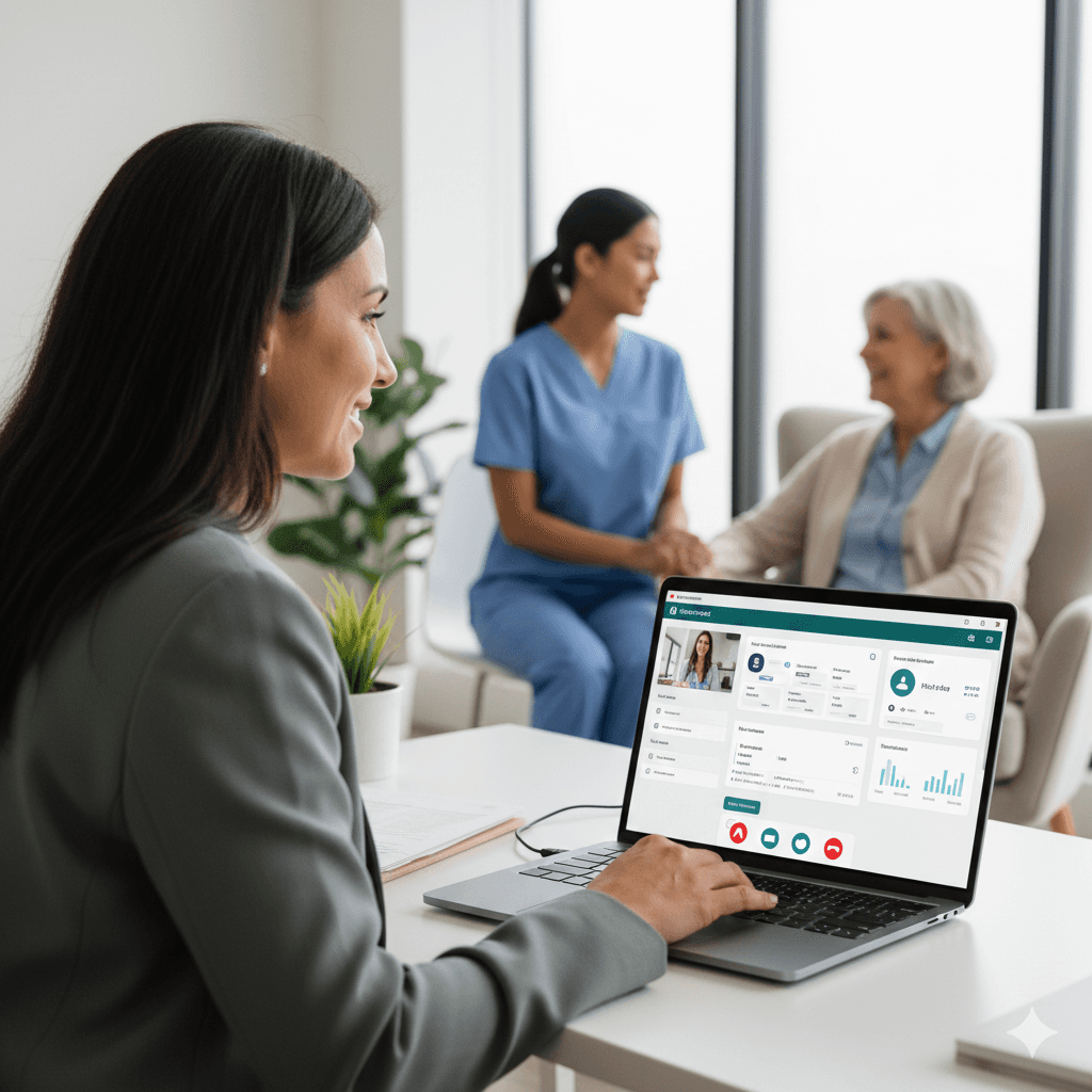 A home care agency owner reviews an AI receptionist dashboard on her laptop while a caregiver and elderly client talk in the blurred background.