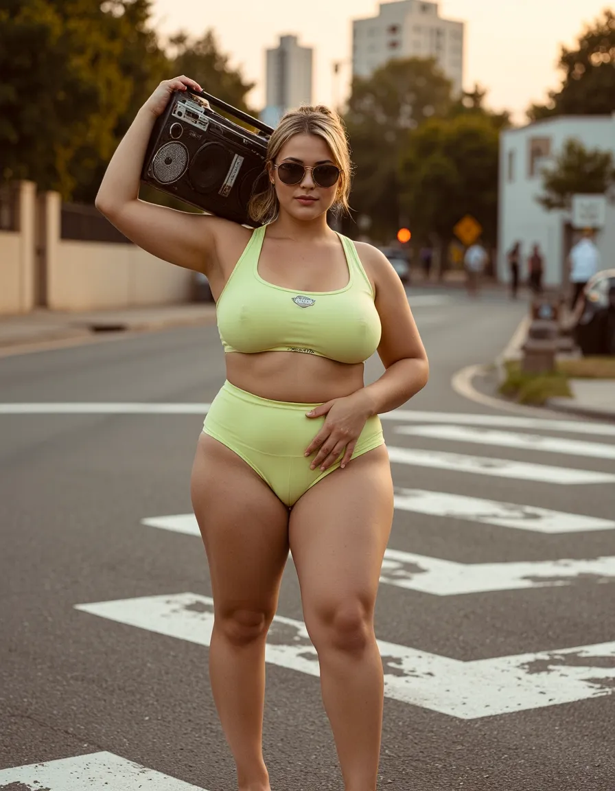 Street photography featuring neon yellow sportswear set with vintage boombox in urban setting at golden hour with city skyline
