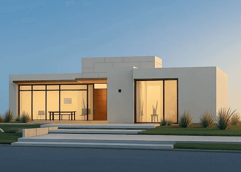 Minimalist white flat-roofed house with floor-to-ceiling windows at dusk.