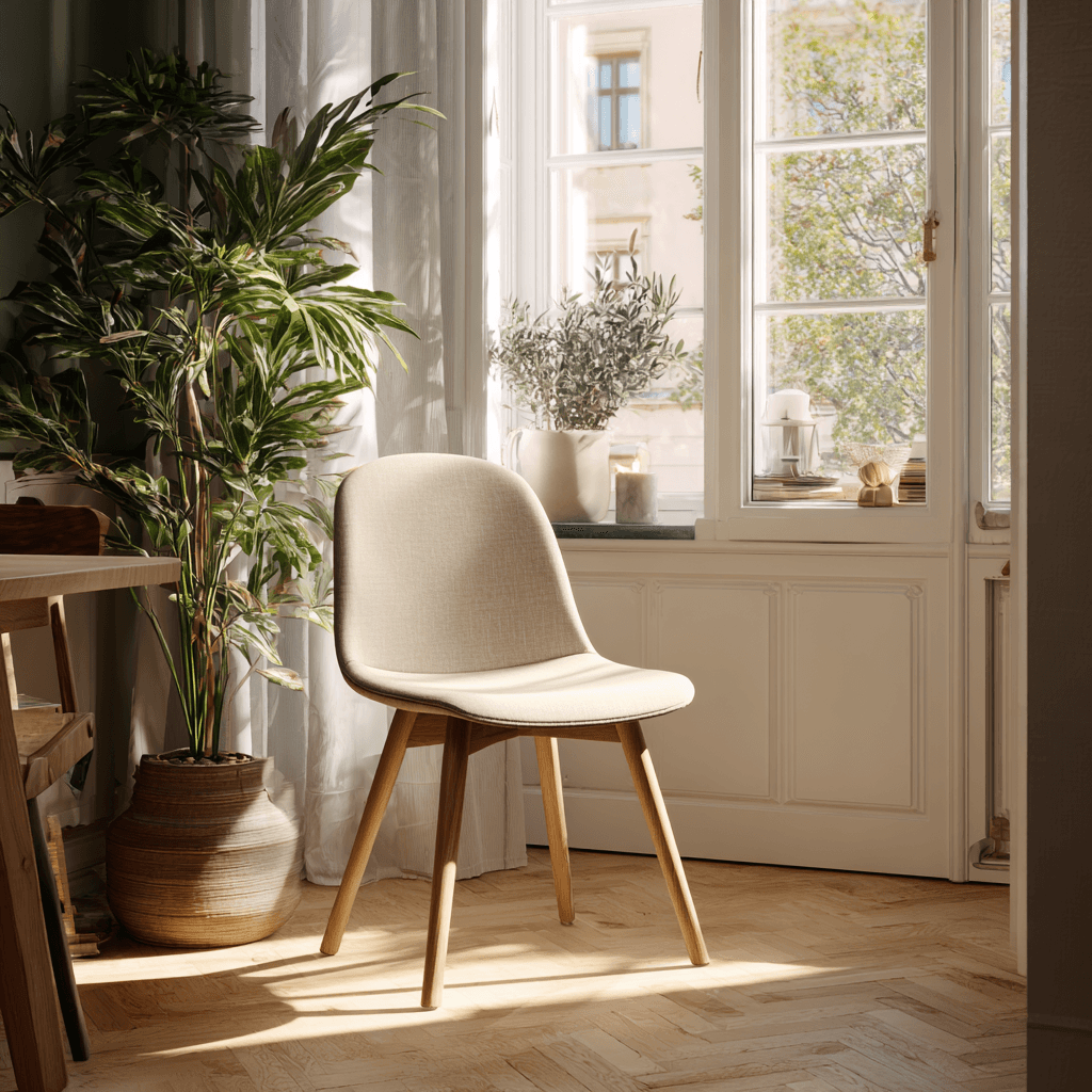 A chair beside a potted plant in a well-lit room, creating a cozy and inviting atmosphere.
