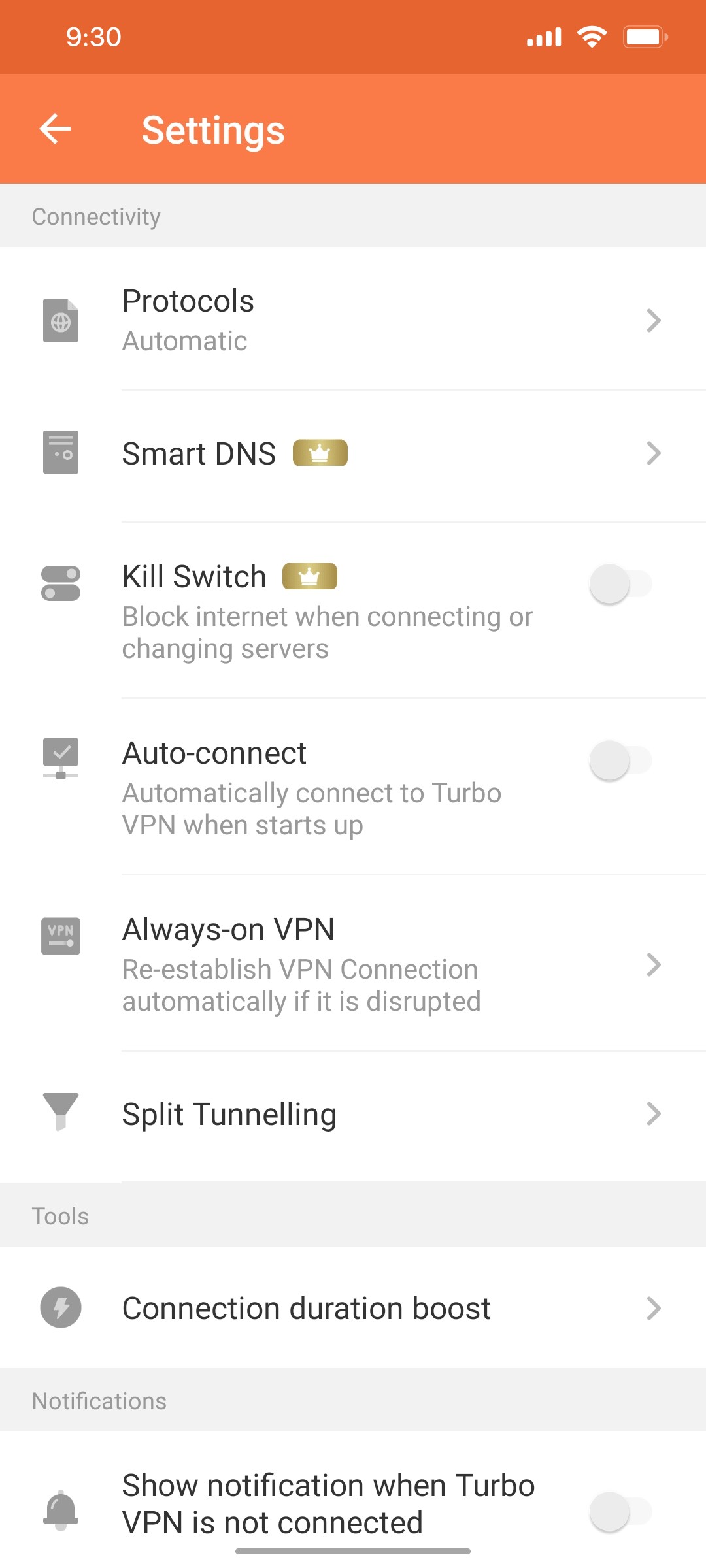 turbo vpn Settings screen