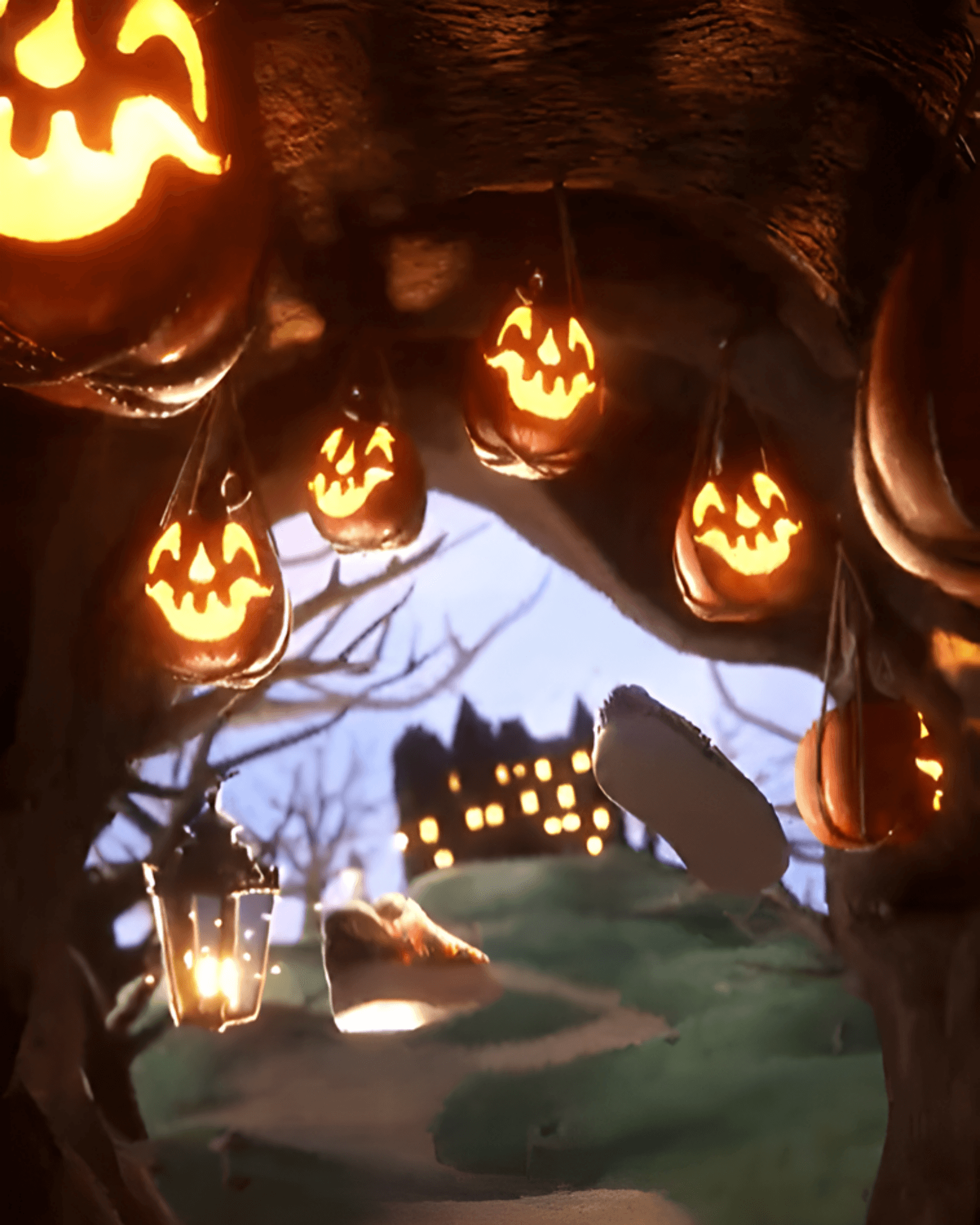Glowing jack-o'-lanterns hang over a path leading to a spooky mansion with floating shoes