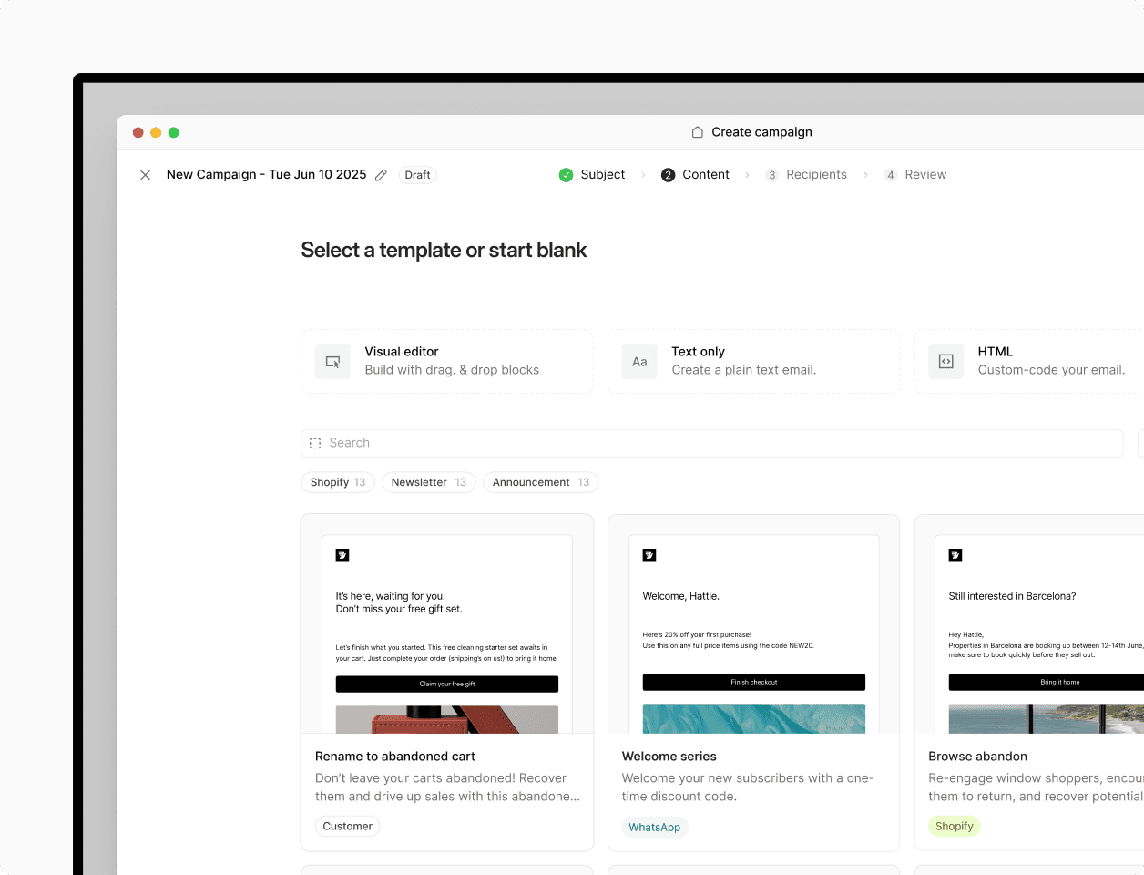 Bird's email marketing platform with options to select a template or start blank for a new campaign.