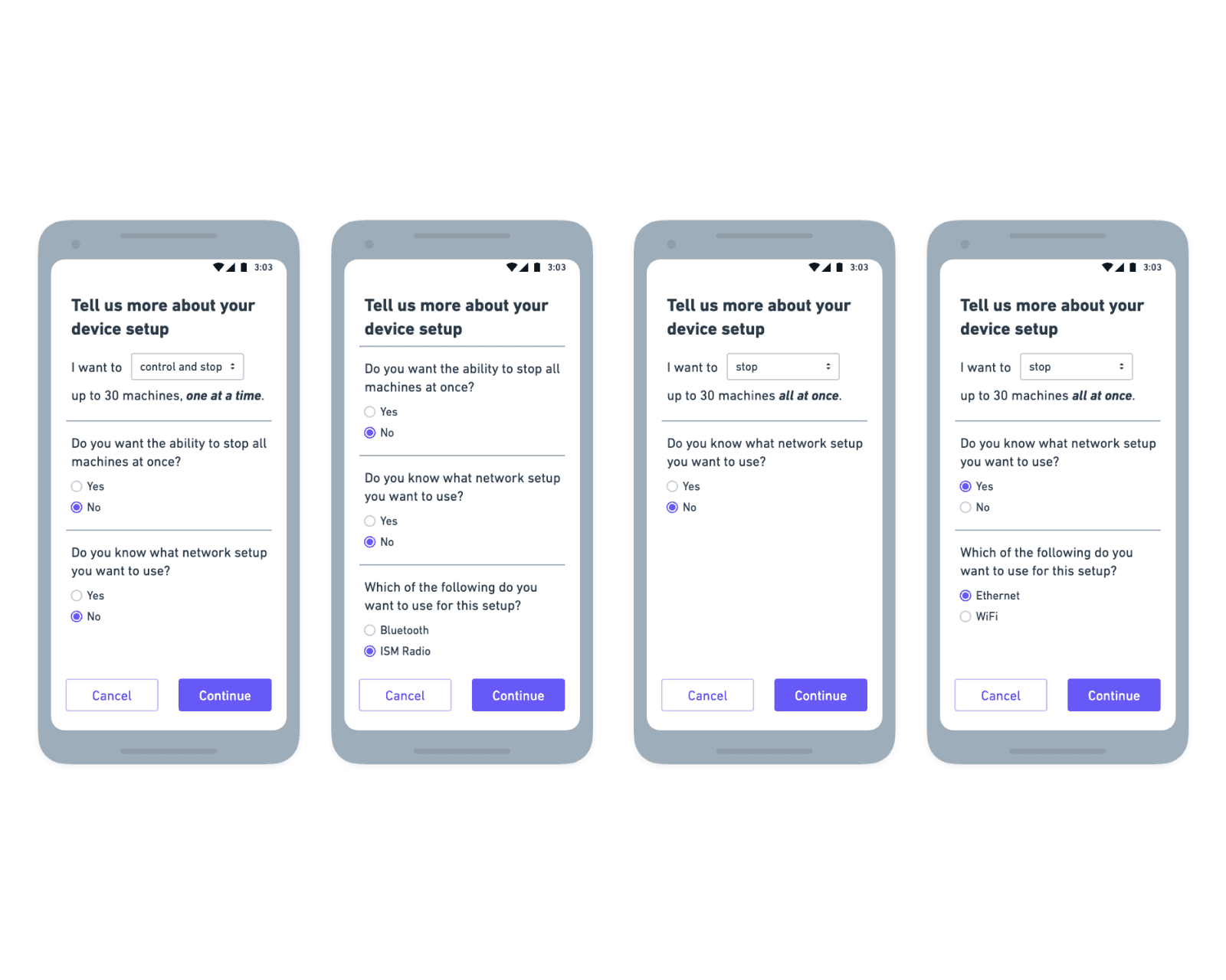 mobile wireframes of early fort manager configuration user interface concepts