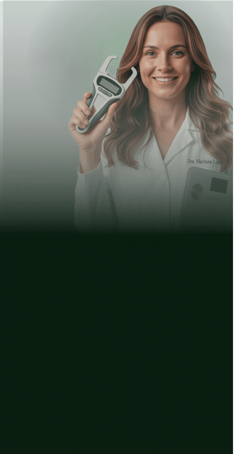 Nutricionista com pinça e balança na mão e alimentos ao redor