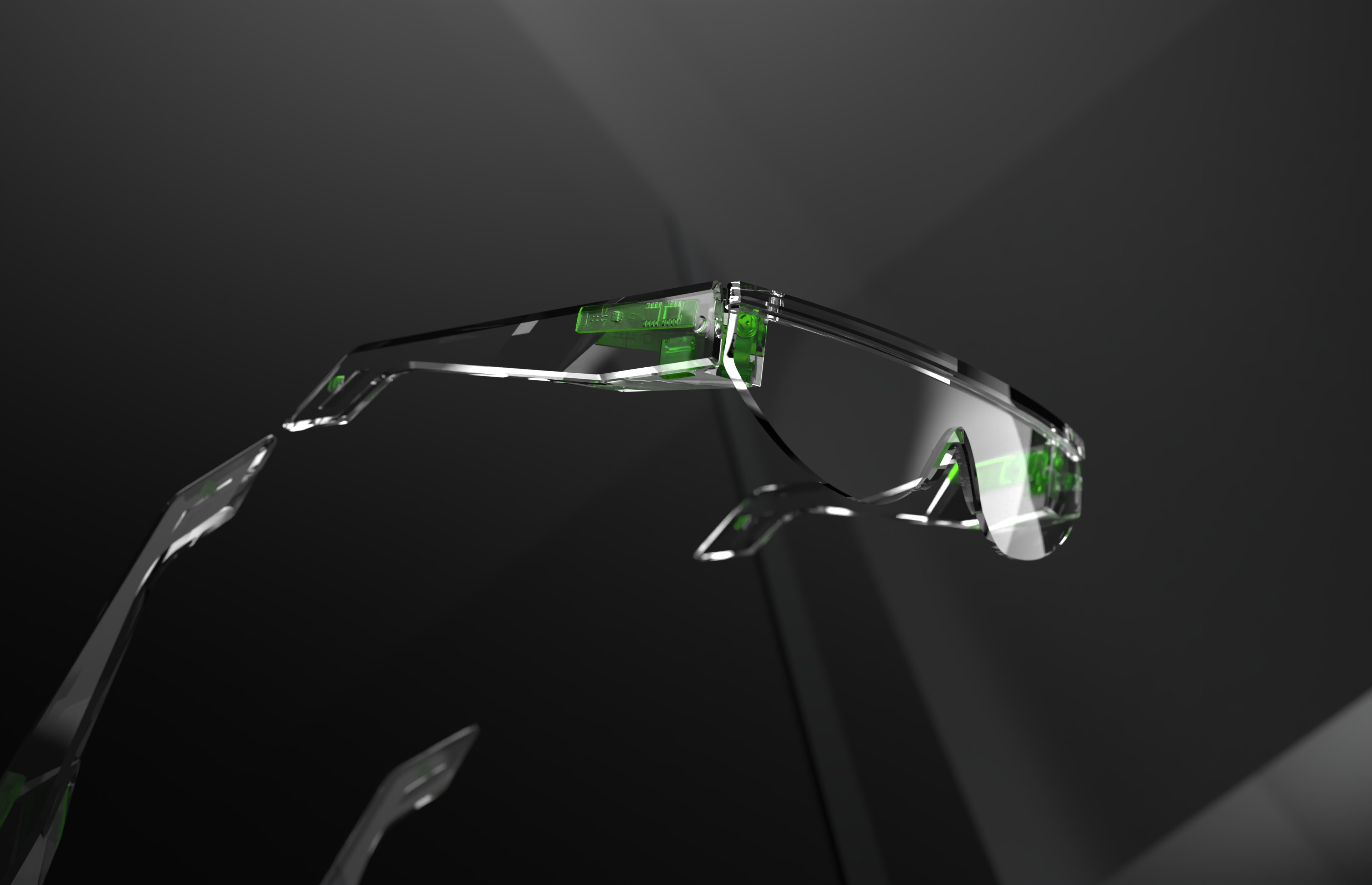KeyShot rendering in transparent material showing all components inside the Vision 01 AR glasses.