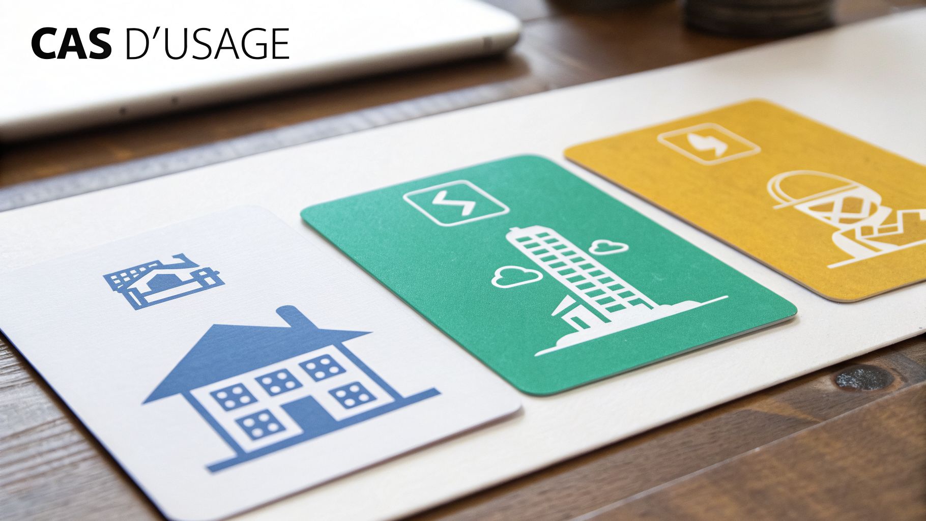 Trois cartes illustrant des cas d'usage avec une maison, un gratte-ciel et un ouvrier sur une table en bois.