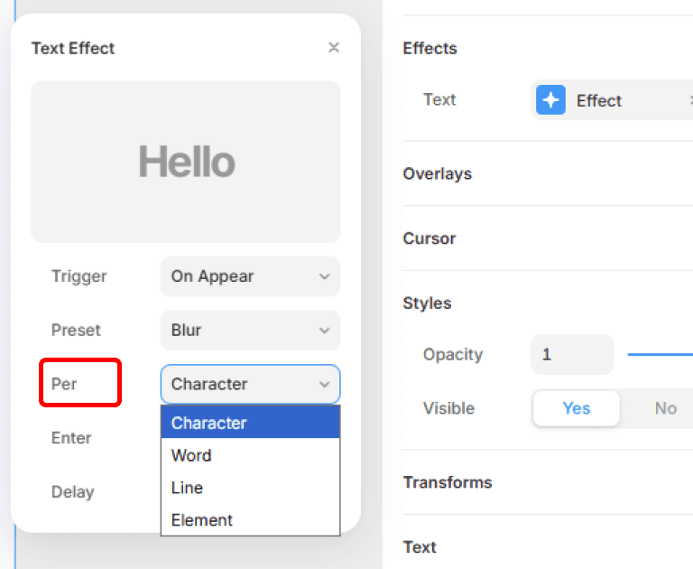 Option Per Character dans les Text Effects Framer pour animer chaque lettre du texte
