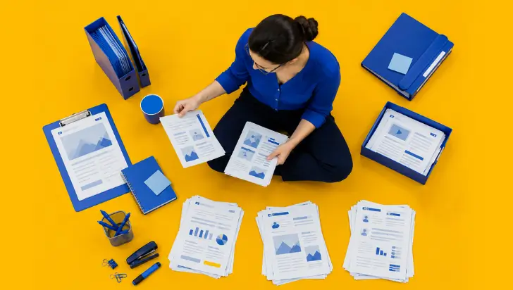Woman organizing blue office supplies and SEO documents on a yellow background.