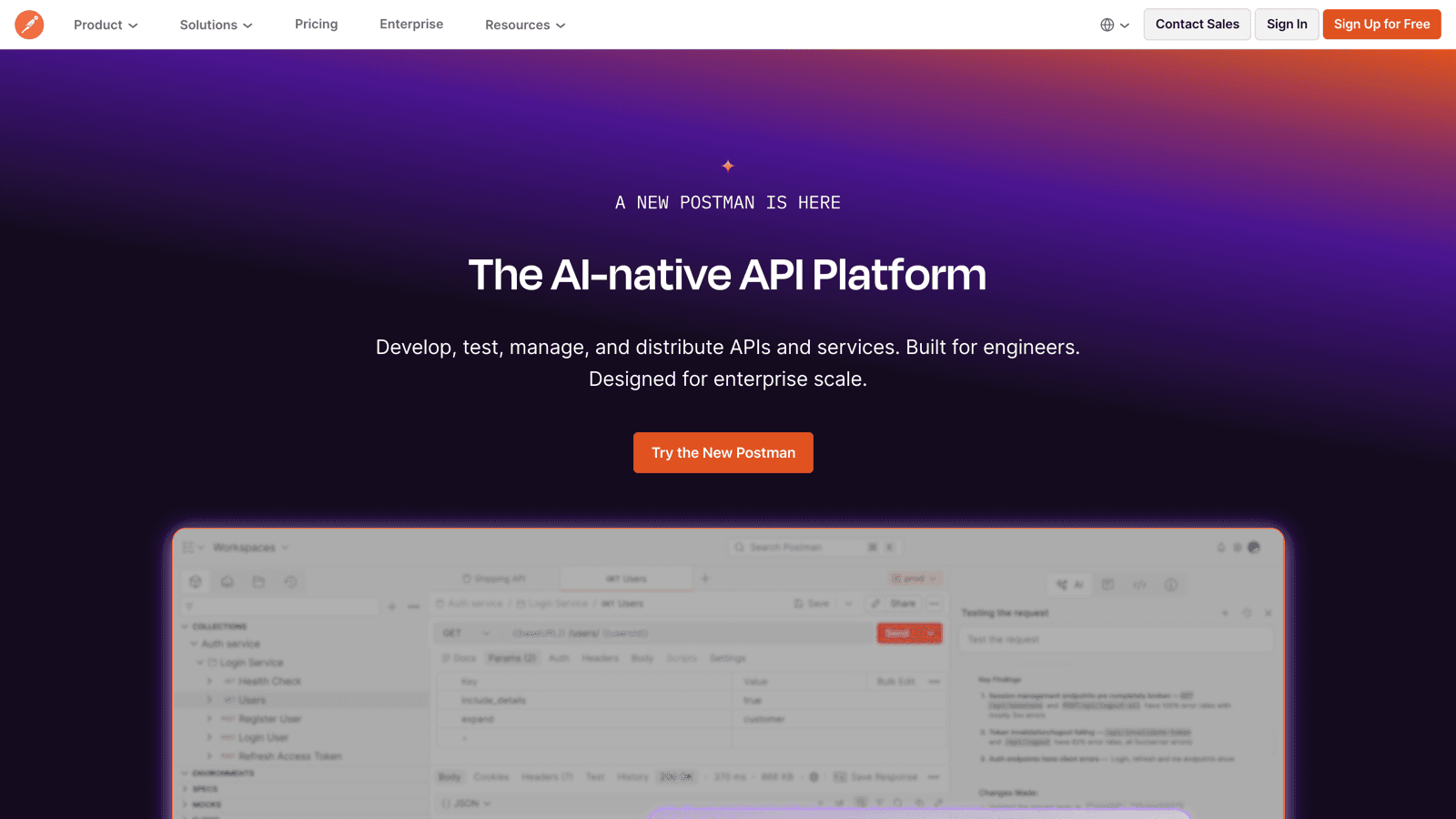 Postman homepage announcing the AI-native API platform