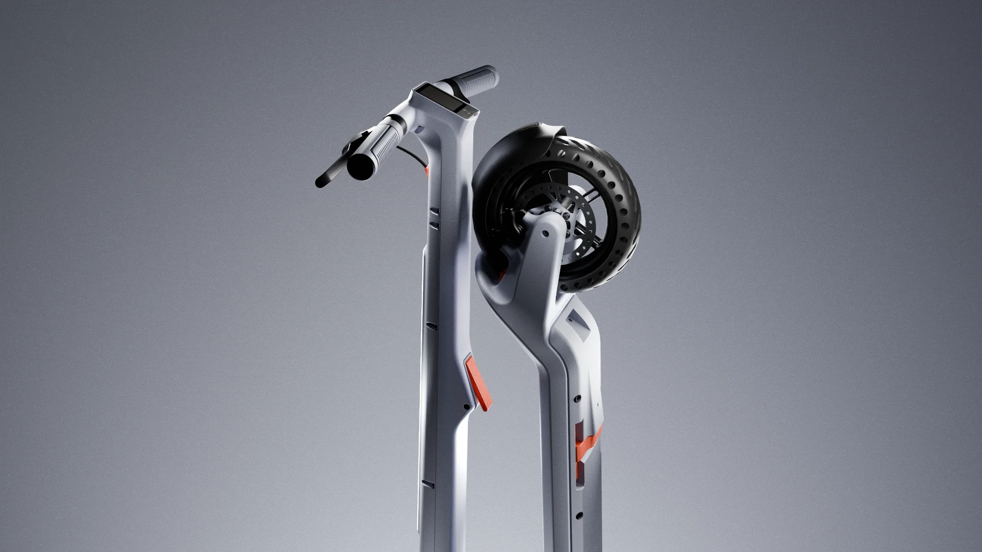 Industrial design visualisation of a collapsed electric scooter chassis, highlighting the release locking mechanism and frame skid plate.