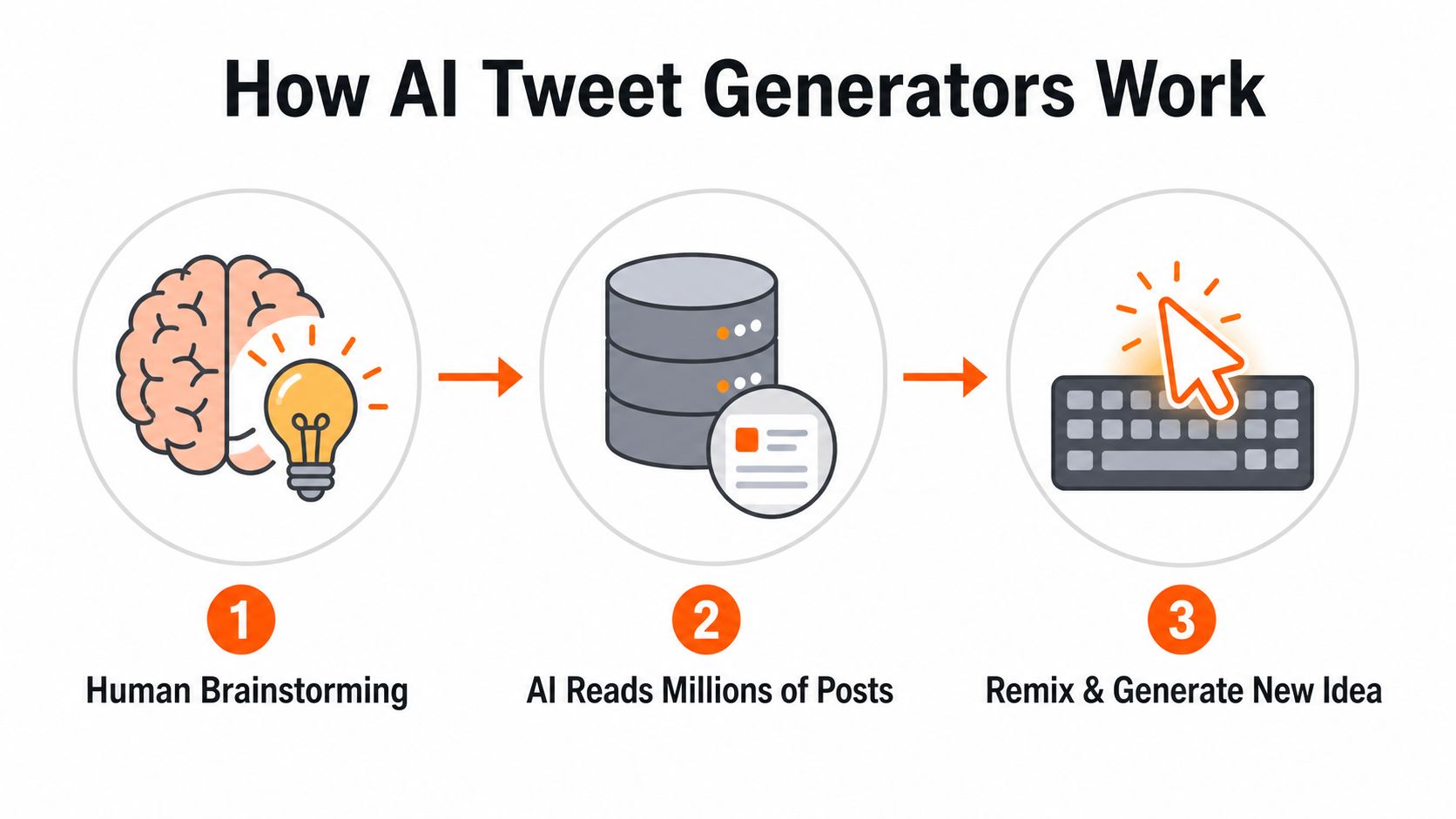 A simple infographic explaining the three steps of how AI tweet generators create new content.