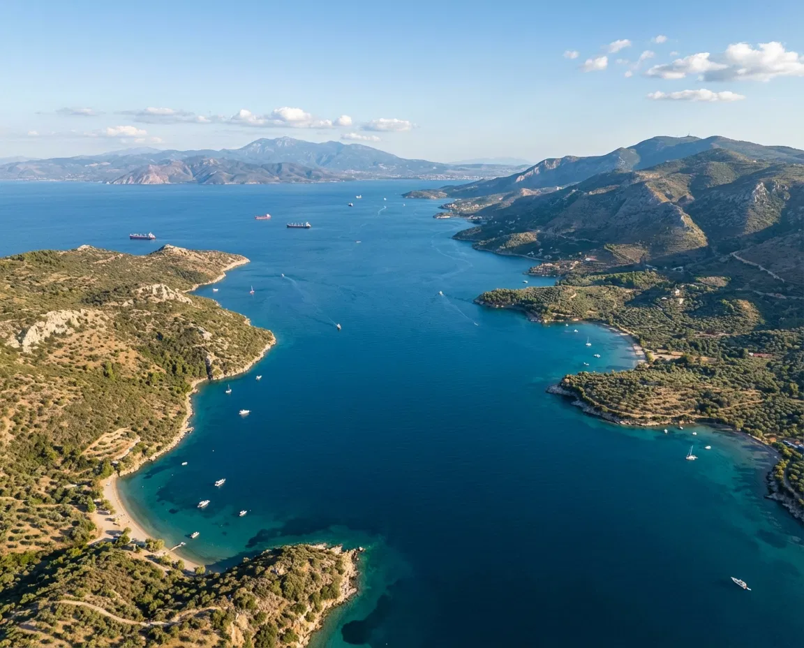 Aerial style view of the South Euboean Gulf between Attica and Evia