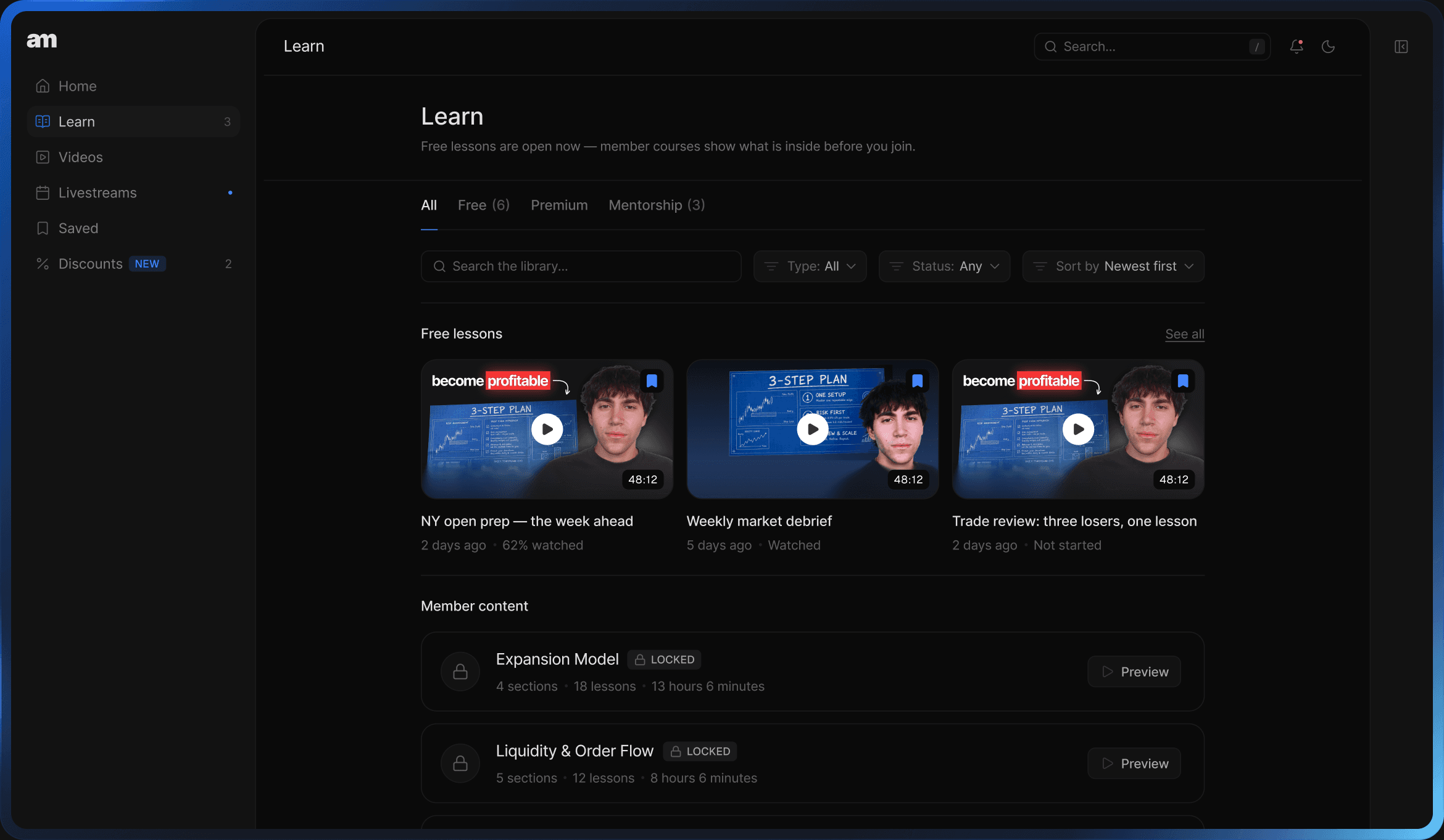 AM Trades learning platform preview