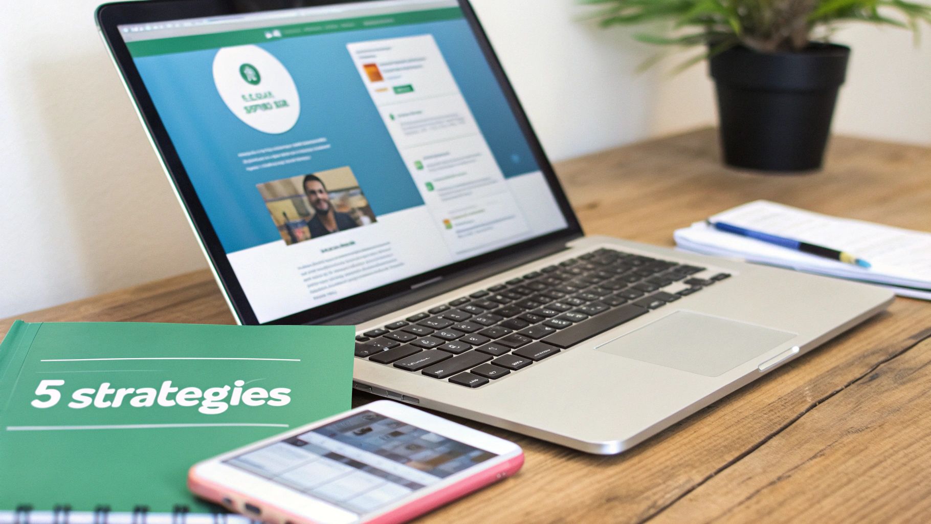 Un espace de travail organisé avec un ordinateur portable affichant un site web, un livre vert