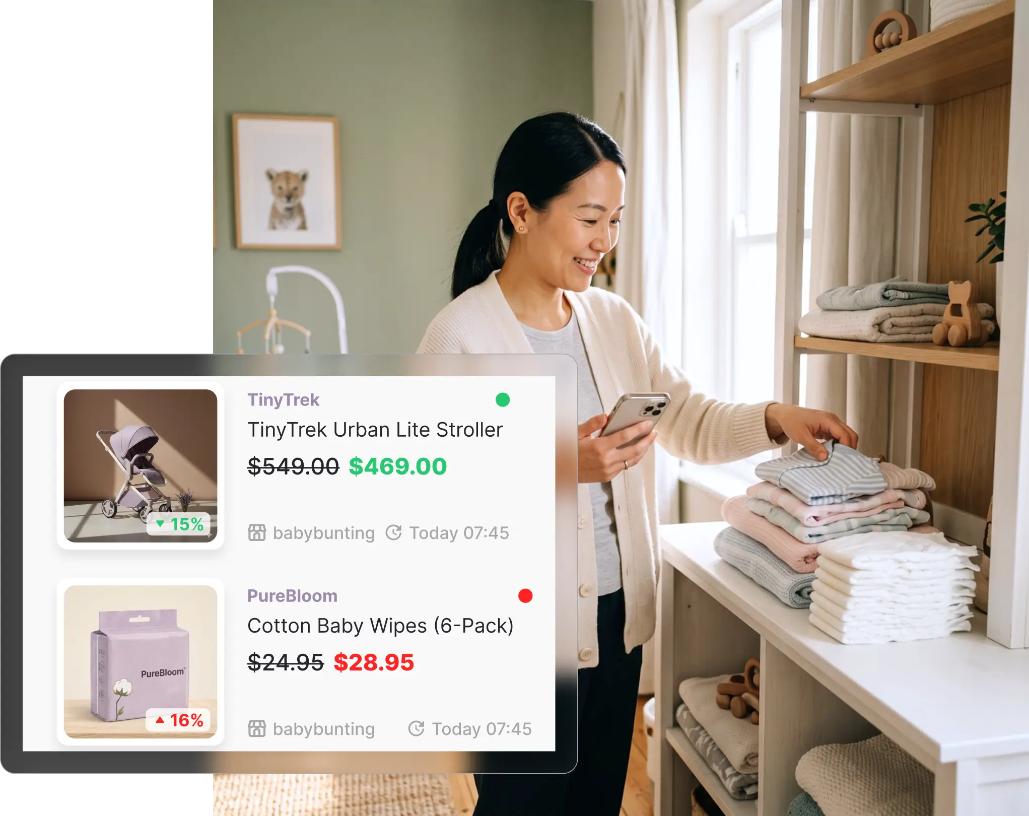 Woman organising folded baby clothes on a nursery shelf while holding her phone, with a Whisprice watchlist overlay showing two tracked items: TinyTrek Urban Lite Stroller down 15% to $469.00 from $549.00, and PureBloom Cotton Baby Wipes (6-Pack) up 16% to $28.95 from $24.95.