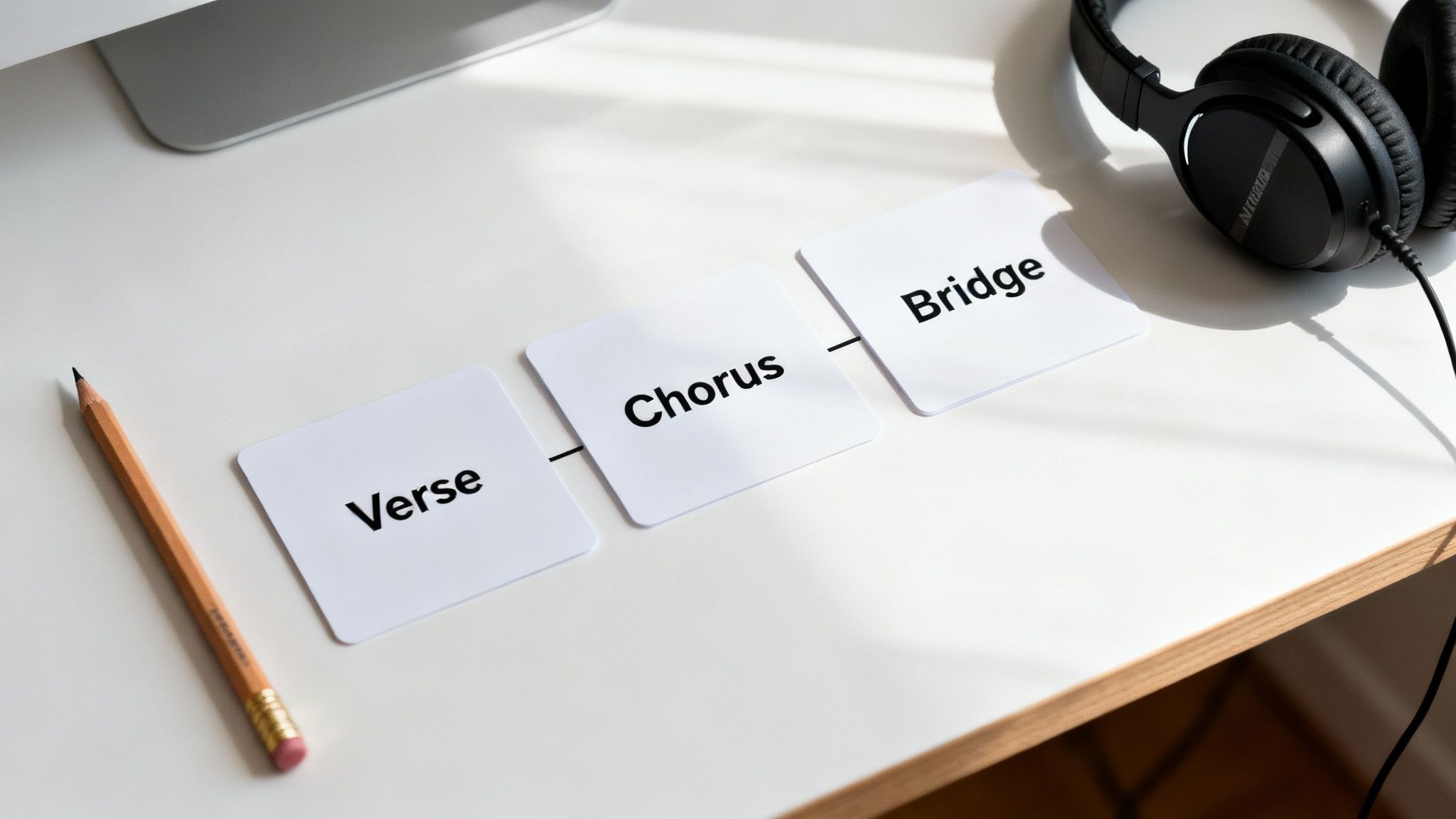 A person writing song lyrics in a notebook with a guitar nearby