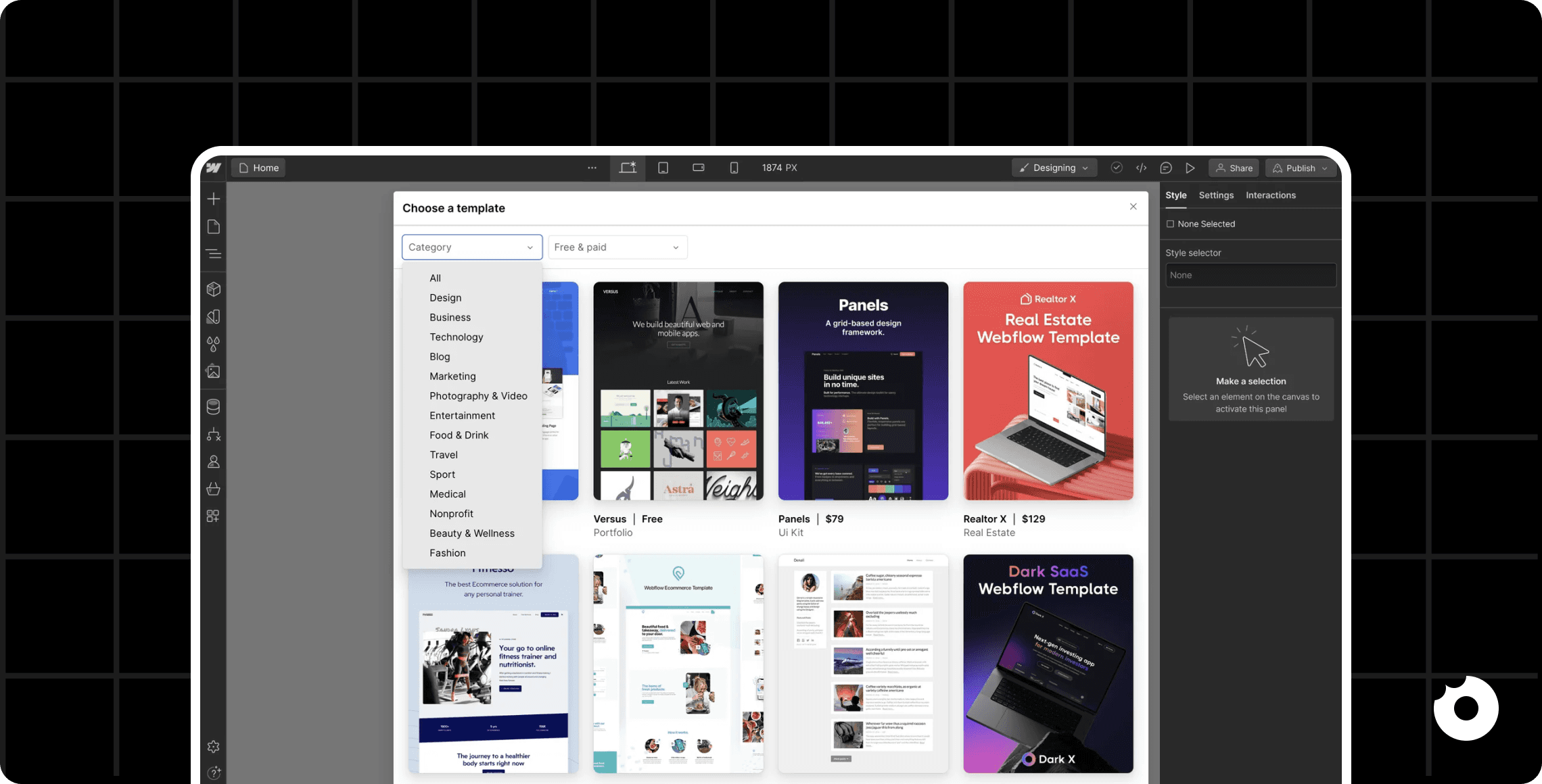 Webflow template marketplace shown inside the Webflow editor interface