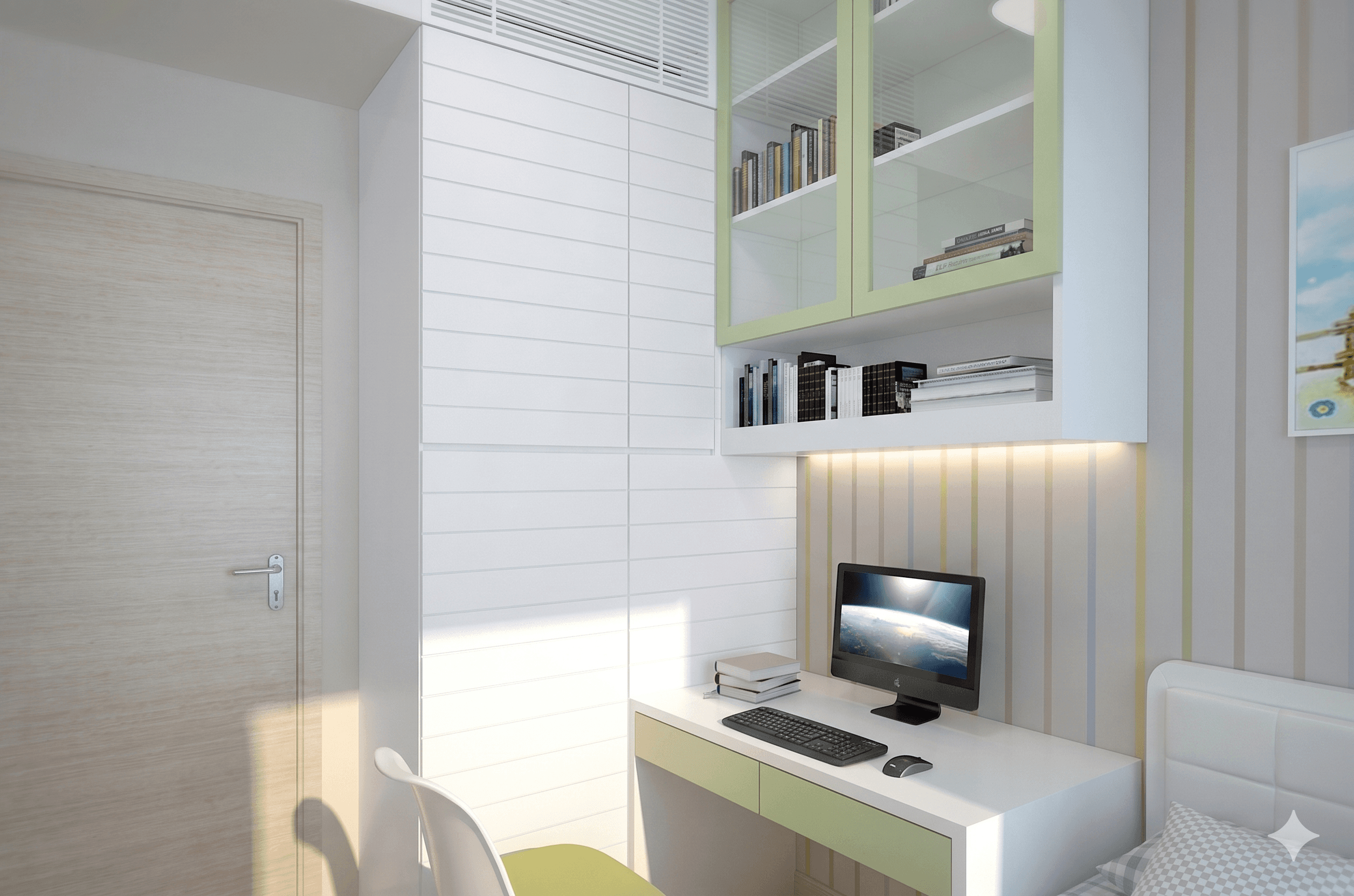 Bright accents and built-in cabinetry optimize the bedroom design for small room efficiency at Castello with pink storage stools.