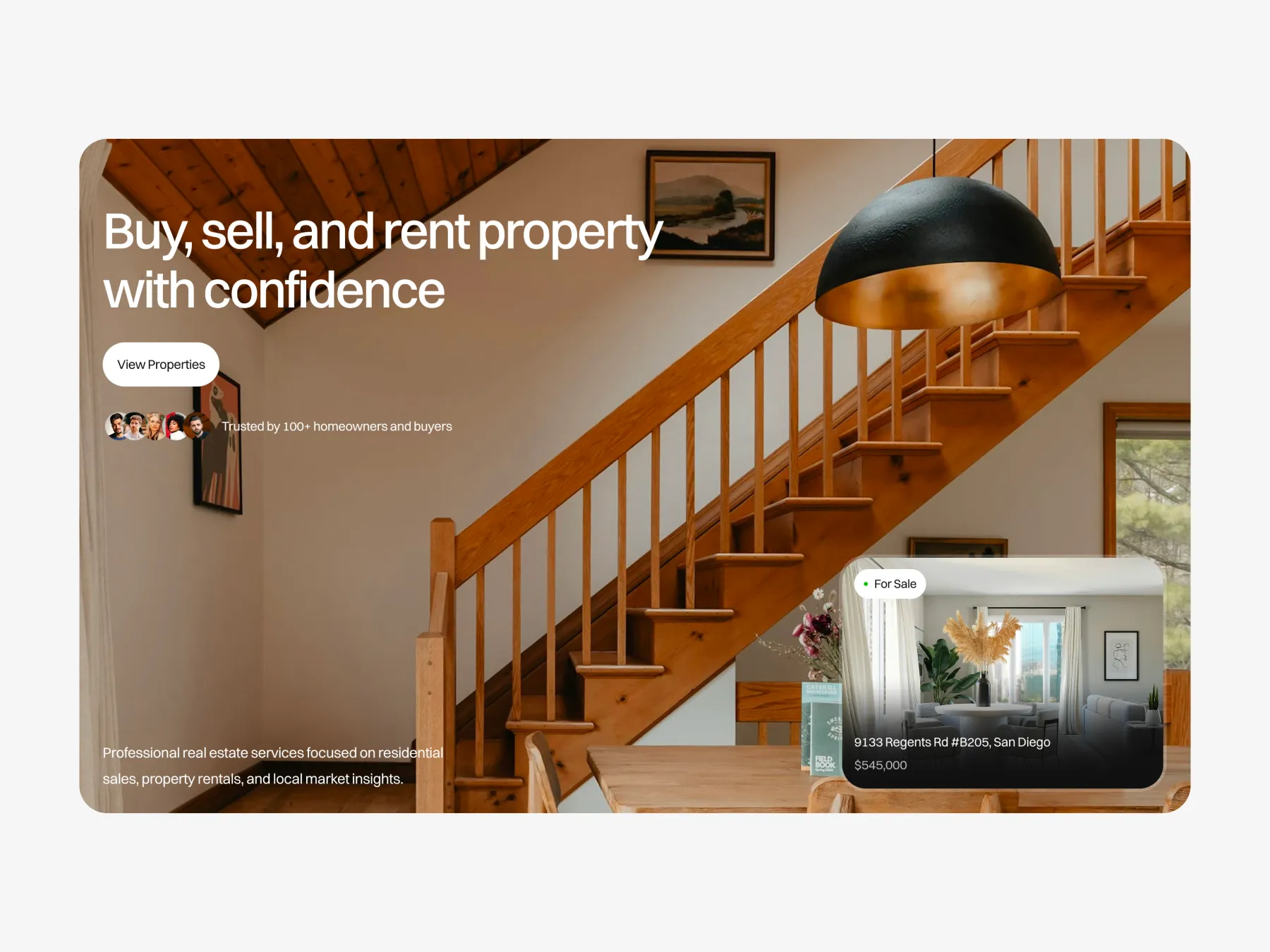 Real estate website template homepage with property listings and lead capture layout