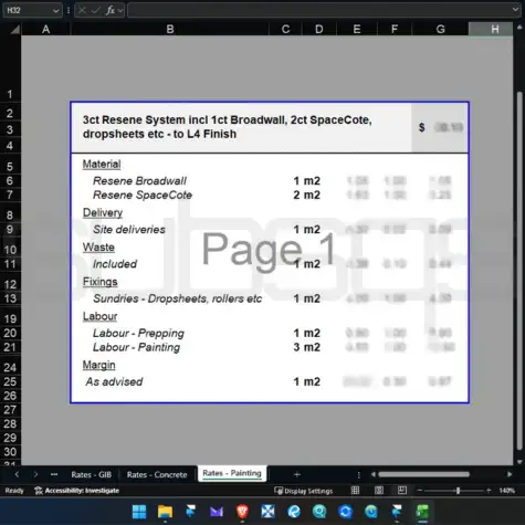 Screenshot of Microsoft Excel workbook showing first principle rate calculations for painting trade by SubsQS Ltd