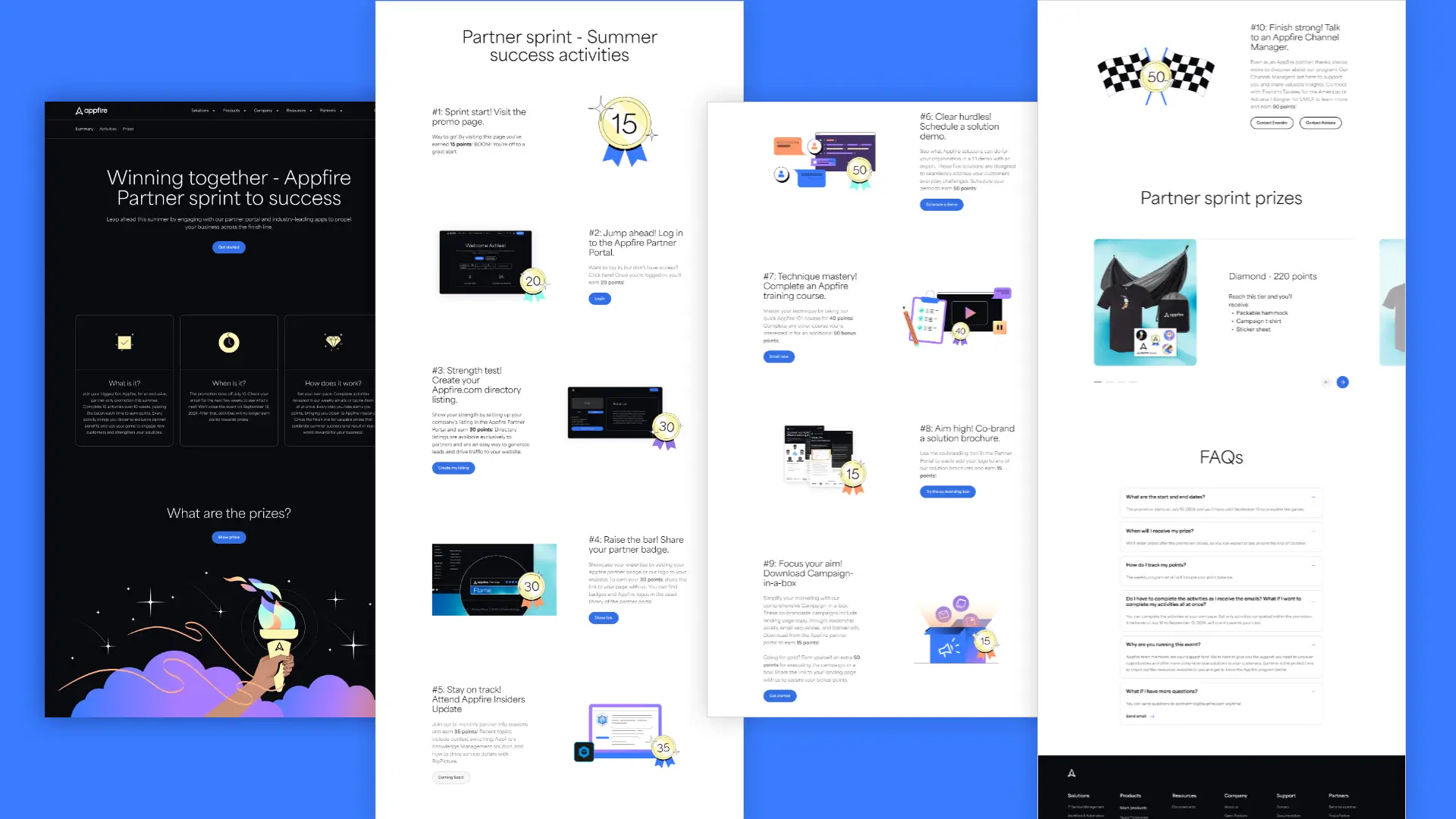 Collage of web pages showcasing a 'Partner Sprint to Success' event. The design features bright graphics, achievement badges, and prize illustrations, conveying a sense of achievement and collaboration."