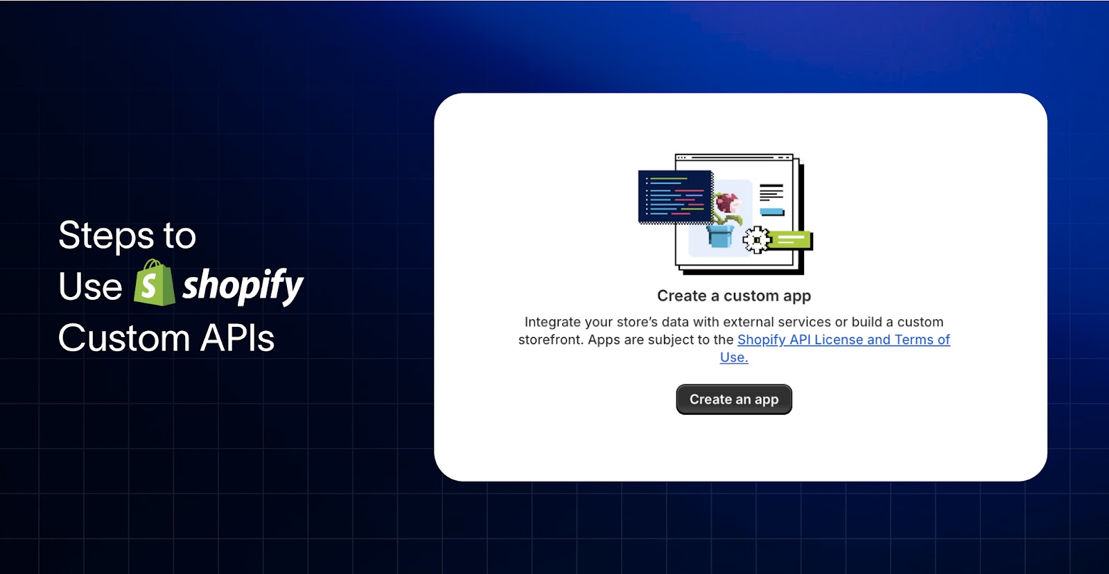Shopify-Admin-Dialog zum Erstellen einer Custom App, neben der Überschrift Steps to use Shopify custom APIs