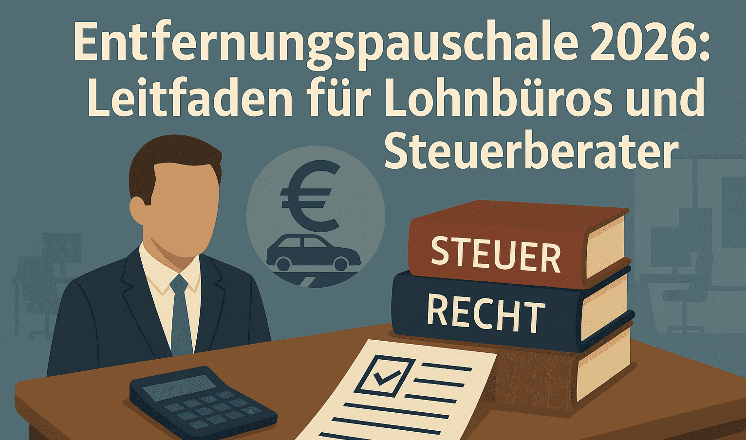 Illustration eines Steuerberaters im Büro mit Gesetzbüchern, Taschenrechner und Formular. Im Hintergrund ein Symbol mit Auto und Euro-Zeichen. Text im Bild: „Entfernungspauschale 2026: Leitfaden für Lohnbüros und Steuerberater“. Seriöser Flat-Design-Stil für steuerliche Fachartikel.