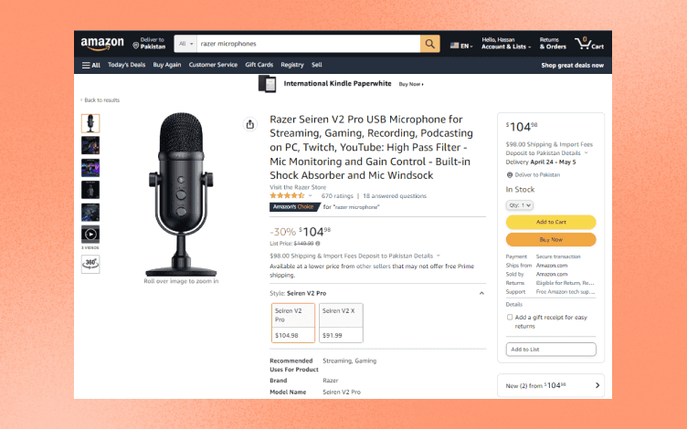 A desktop view of an Amazon Product inside the Amazon Website