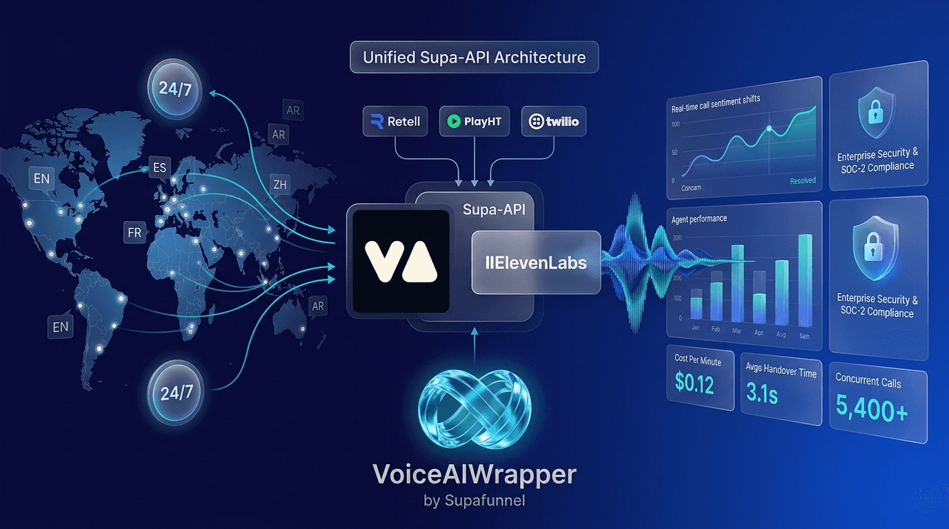 Comprehensive AI voice platform showing multilingual deployment, unified calling and chat modules, and white-label client portal with automated billing | VoiceAIWrapper.