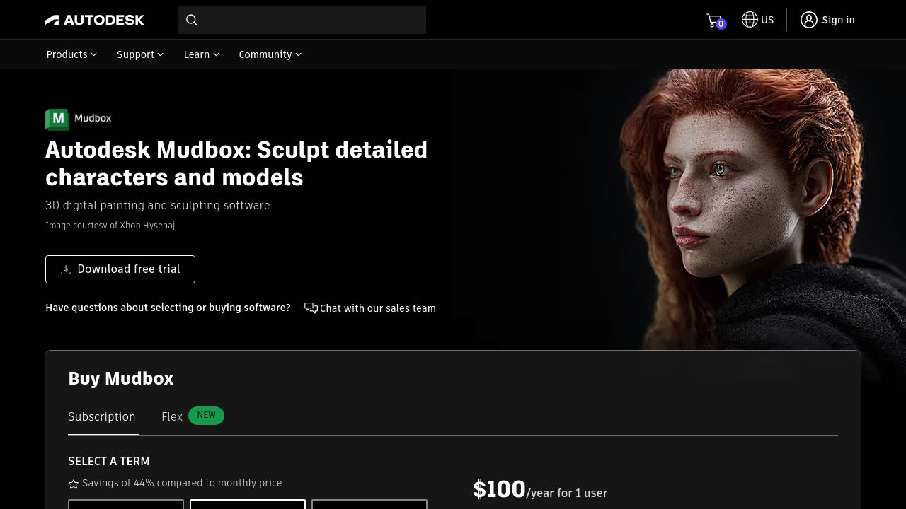 Screenshot of the Autodesk Mudbox website presenting digital sculpting and painting tools