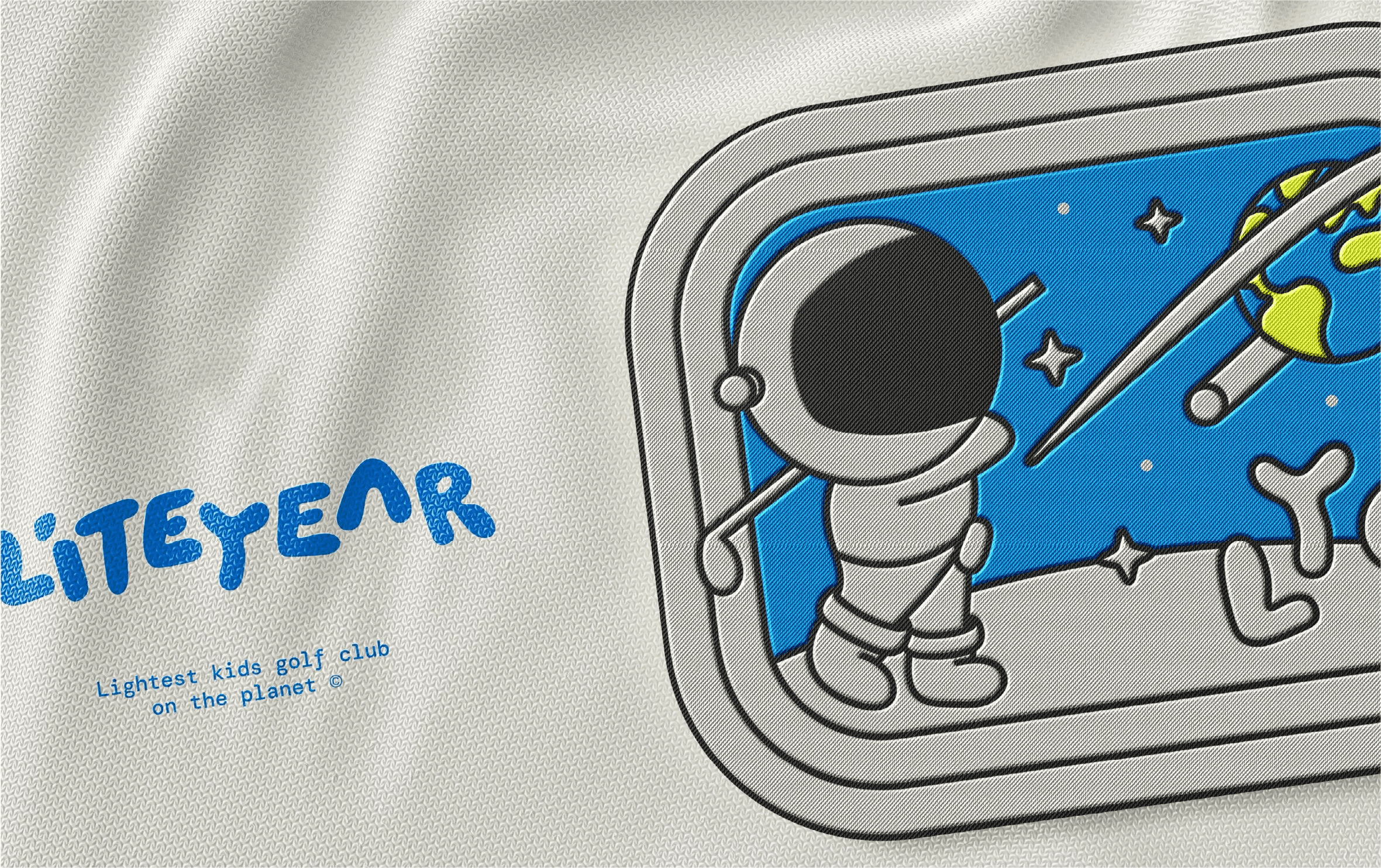 Liteyear Golf graphic with astronaut illustration and blue branding on a light background