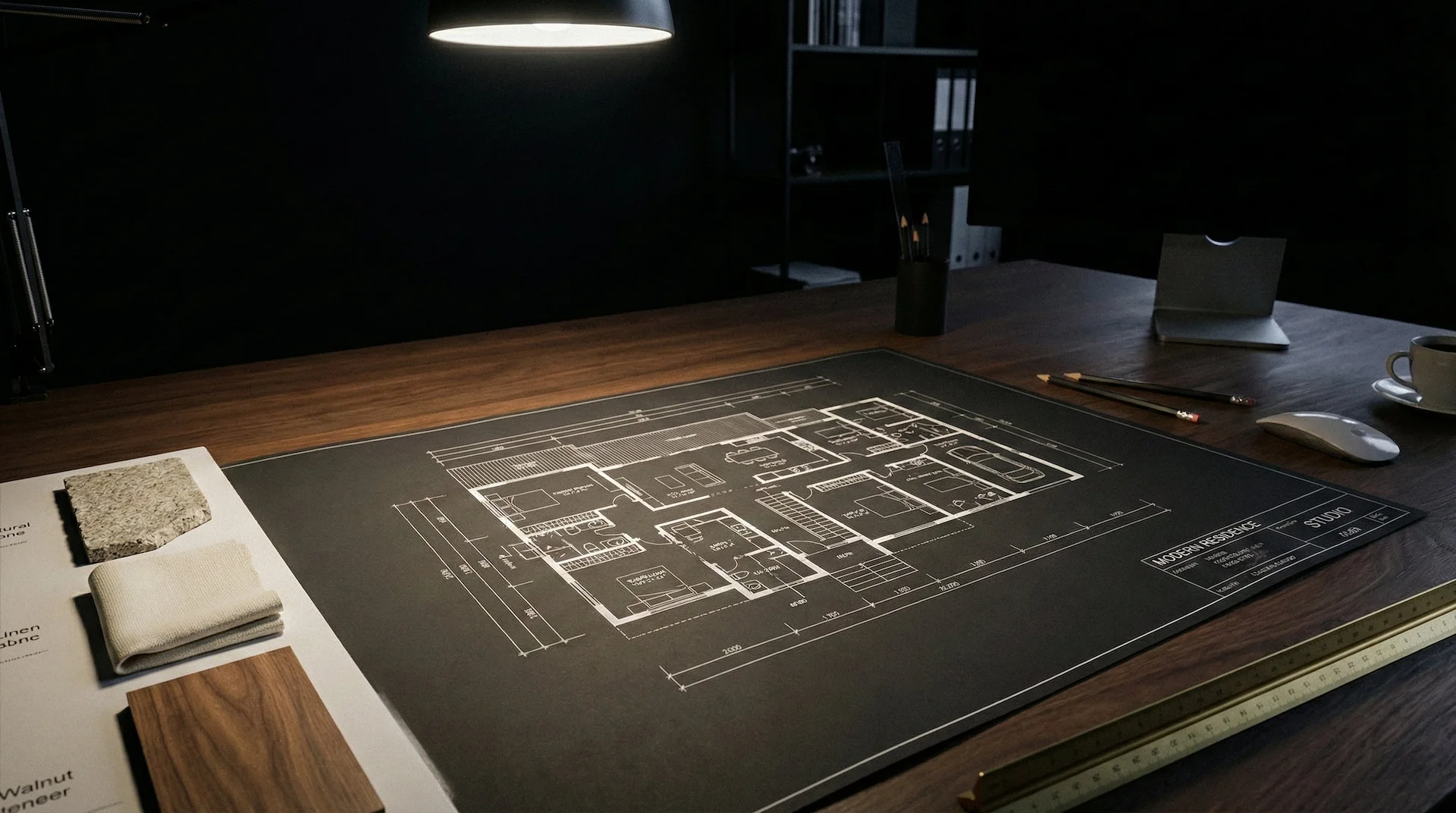 Plattegrond van een woning op de tekentafel, naast materiaalstalen van natuursteen, linnen en walnoten fineer