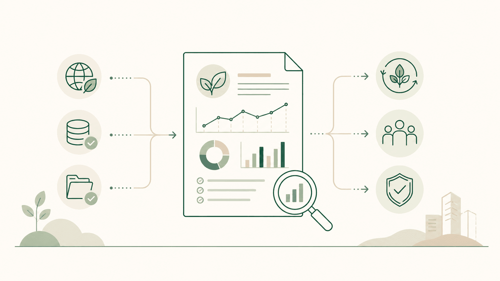 Ilustración corporativa minimalista de un proceso de elaboración de informes de sostenibilidad, que muestra fuentes de datos ESG y documentos verificados que fluyen hacia un informe central con gráficos, indicadores, iconos ambientales, personas, gobernanza y símbolos empresariales.