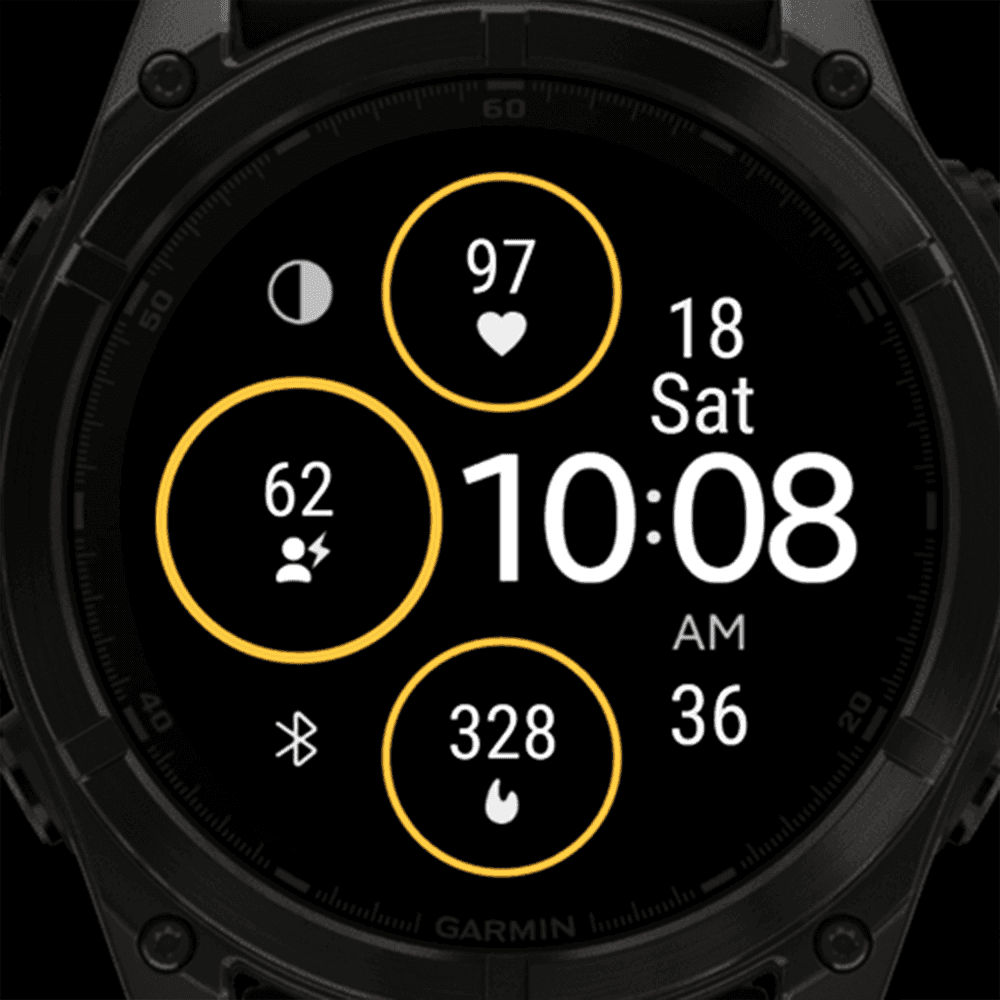 Garmin venu watch displaying an analog watch face