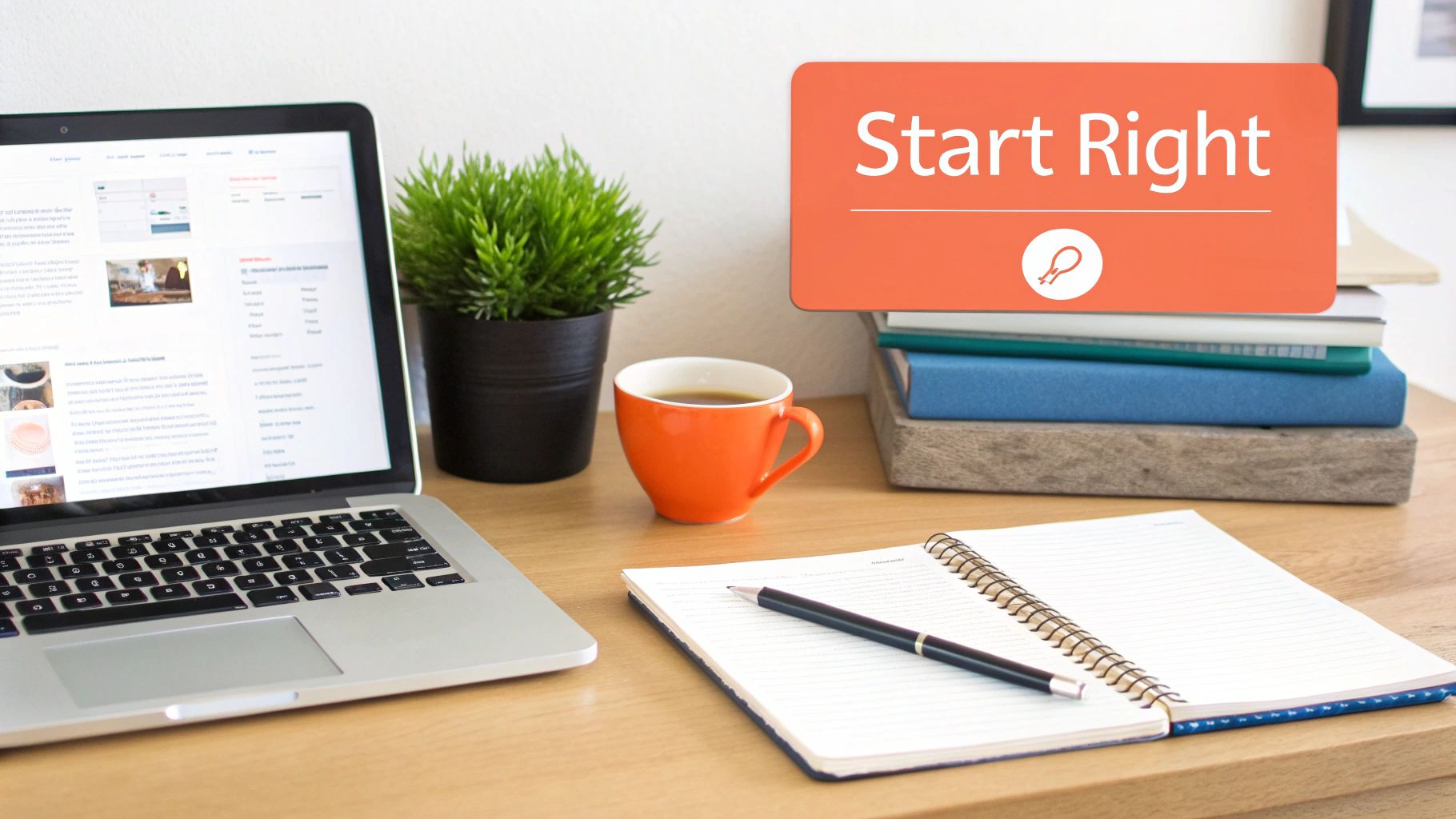 A clean desk setup with a laptop, orange coffee cup, green plant, stack of books, and an open notebook with a pen. An overlay says 'Start Right' with a lightbulb icon.
