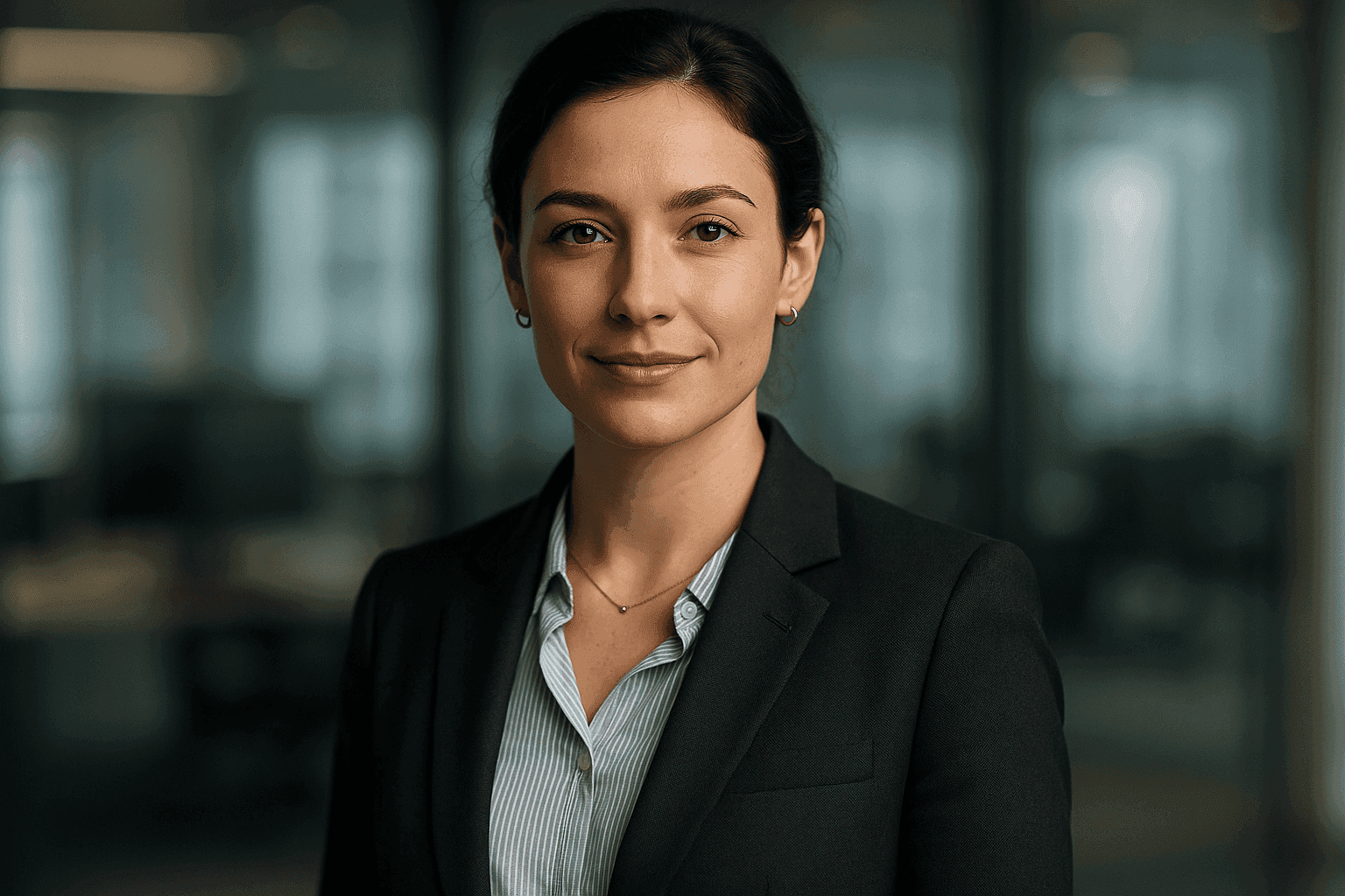 A confident young professional in crisp business attire stands in a softly blurred modern office. Natural skin texture and authentic details highlight approachability and professionalism, with sharp eyes and subtle smile, ideal for demonstrating the impact of a professional headshot on career.