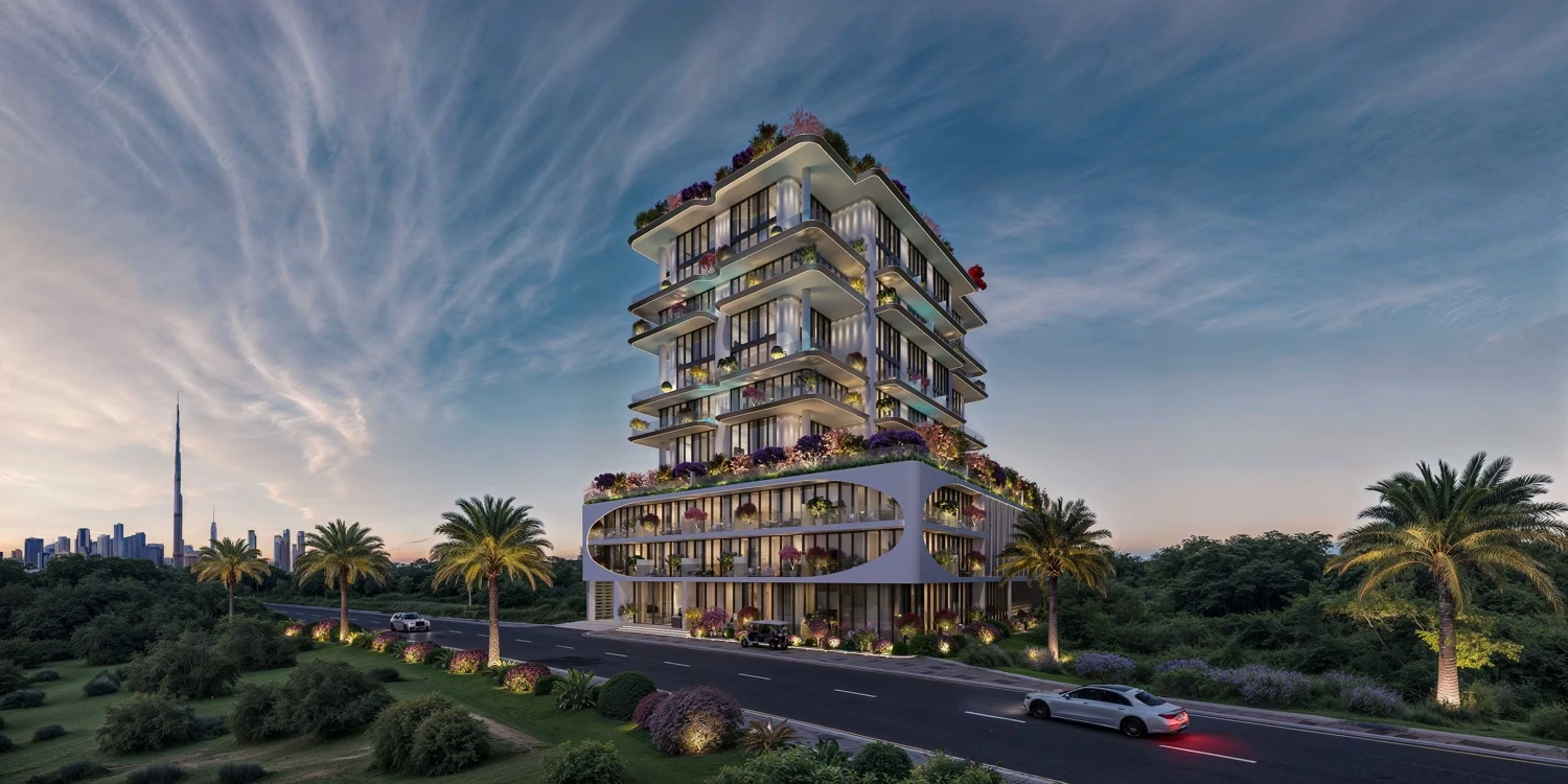 The tallest building in Dubai, the Burj Khalifa, towers over the city skyline near Villa del Arte.