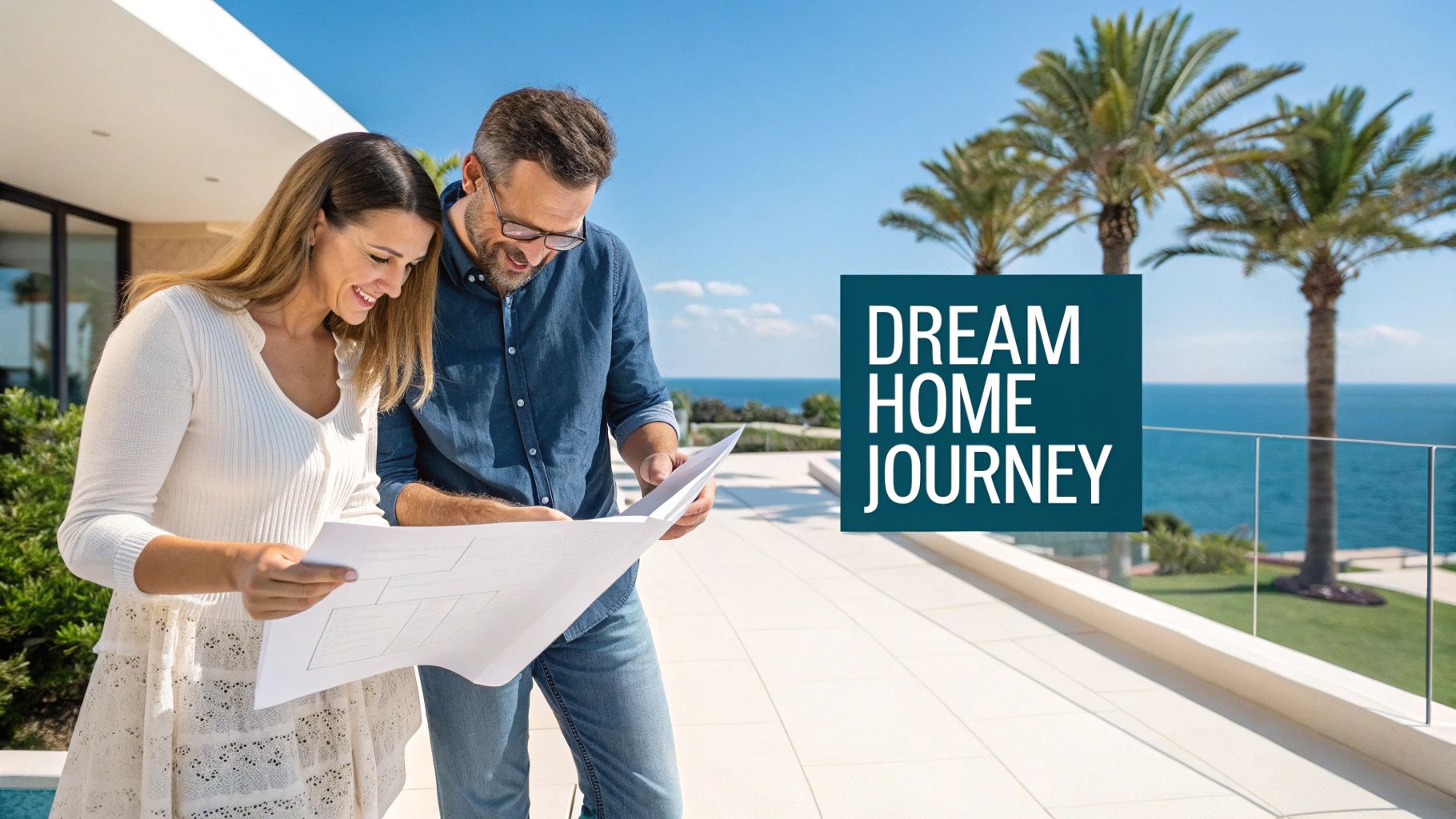 Happy couple reviewing blueprints on a luxurious balcony overlooking the ocean with palm trees.