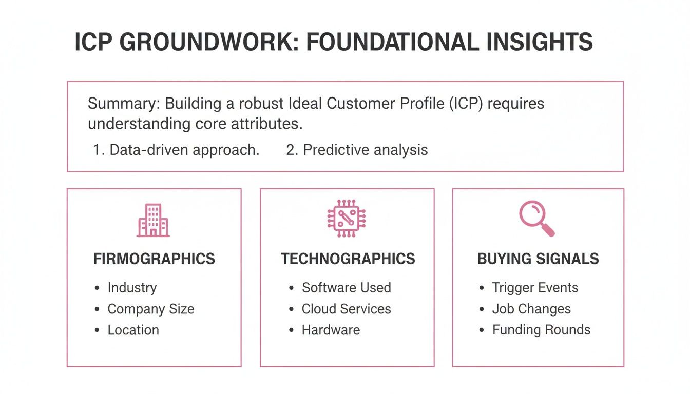 Infographic detailing foundational insights for Ideal Customer Profile (ICP) groundwork, with firmographics, technographics, and buying signals.