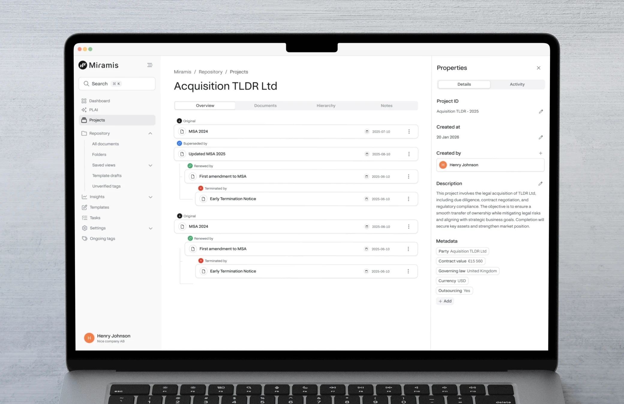 AI-based contract management software Pocketlaw for businesses of all sizes (small, medium, large), showcasing a user-friendly dashboard that streamlines legal workflow for clients and customers with options to create, review, and upload documents, access templates, and monitor document statistics.