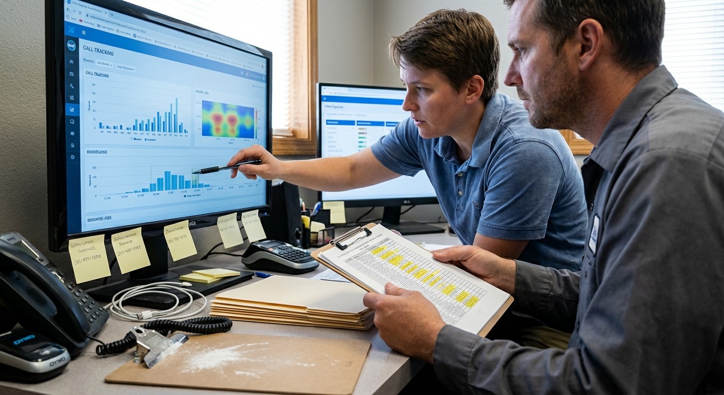HVAC marketing performance dashboard analyzing call tracking data, booked jobs, CPL, and installation revenue