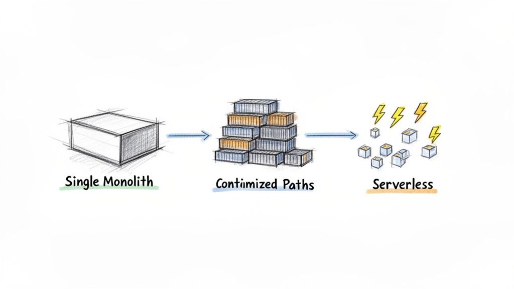 A diagram illustrates the evolution of software architecture from a single monolith to containerized paths and serverless.