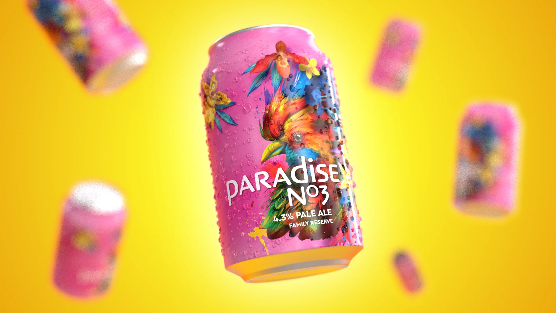 Several cans of Paradise IPA floating in a yellow scene