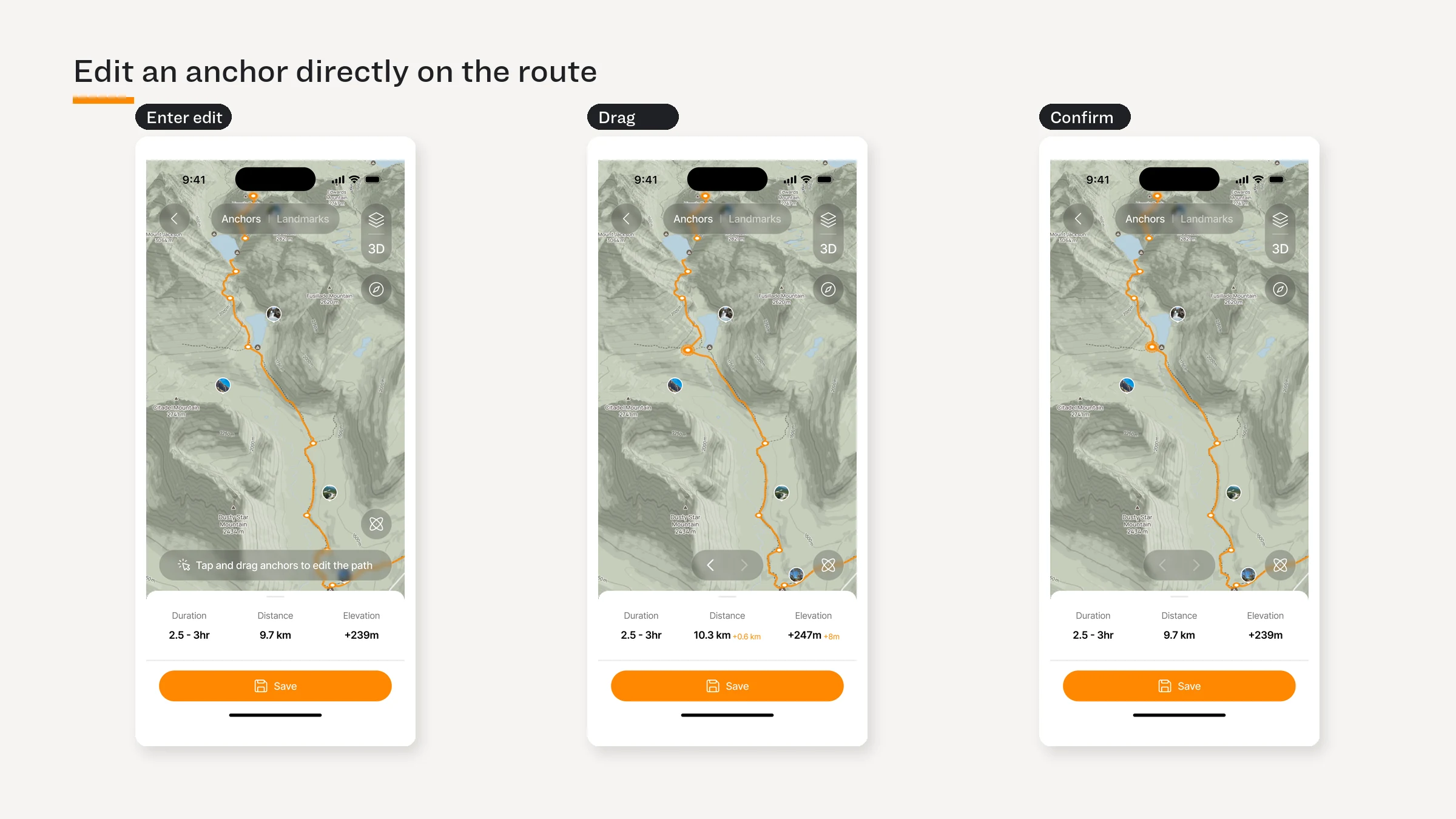 Three phone screens showing entry to anchor editing, drag, and confirmation.