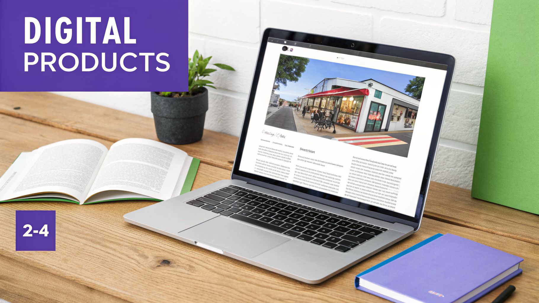 A laptop showing a website about digital products, an open book, and a plant on a wooden desk.