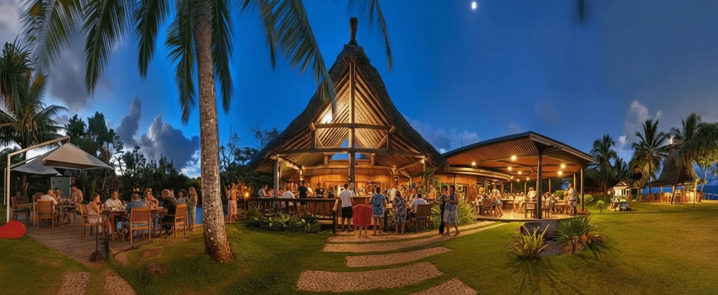 The dining pavilion at Uprising Resort Fiji with people dining in the distance